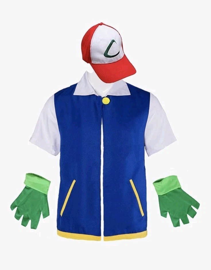 Cosplay Complete Outfit Blue Vest, Red & White Hat, Green Gloves, Cotton Blend