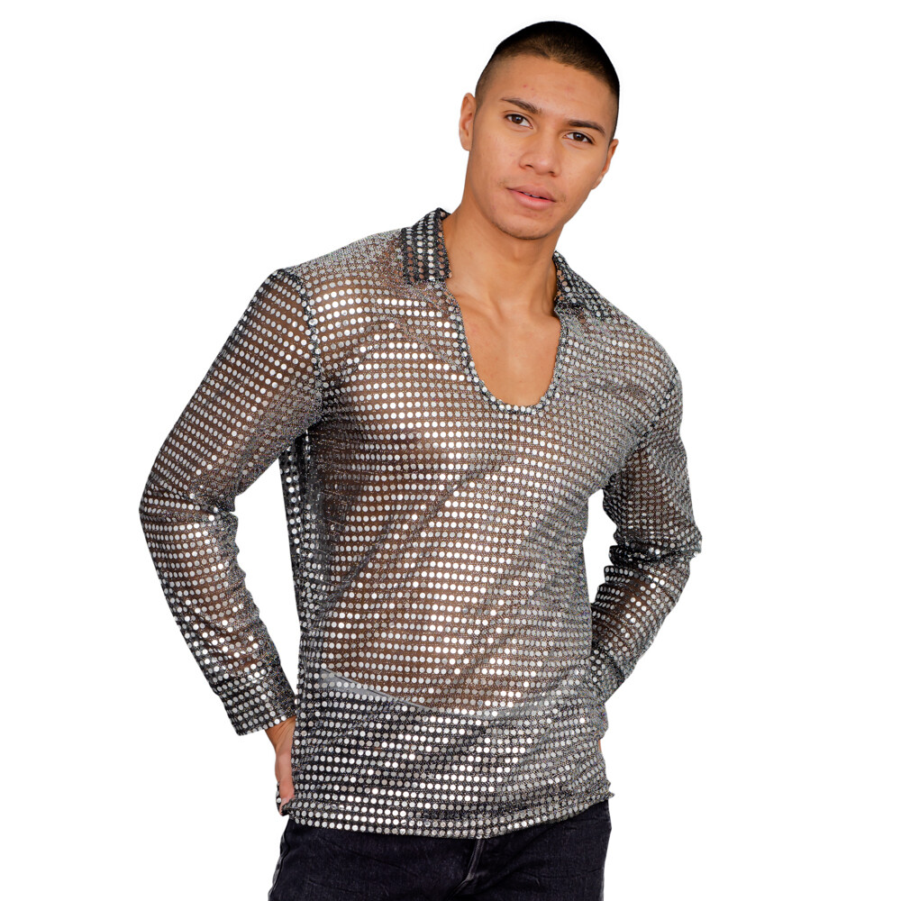 Adult Men’s Halloween Costume Silver Disco Shirt for 70s Theme Parties & Outfit