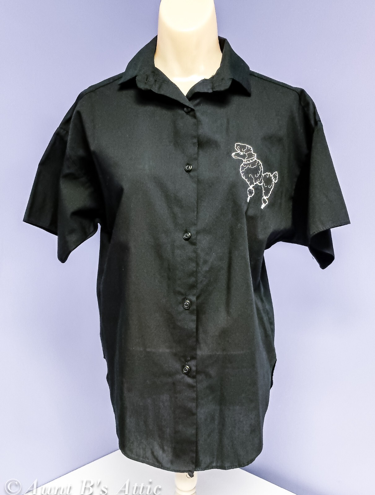 50’s Style Poodle Blouse Ladies Black Embroidered Button Front Camp Shirt Md
