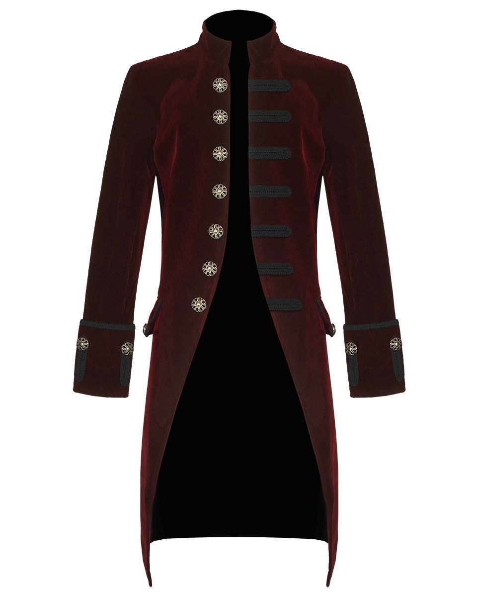 Men’s Velvet Handmade Frock Coat Gothic Victorian Jacket Steampunk/Burgundy