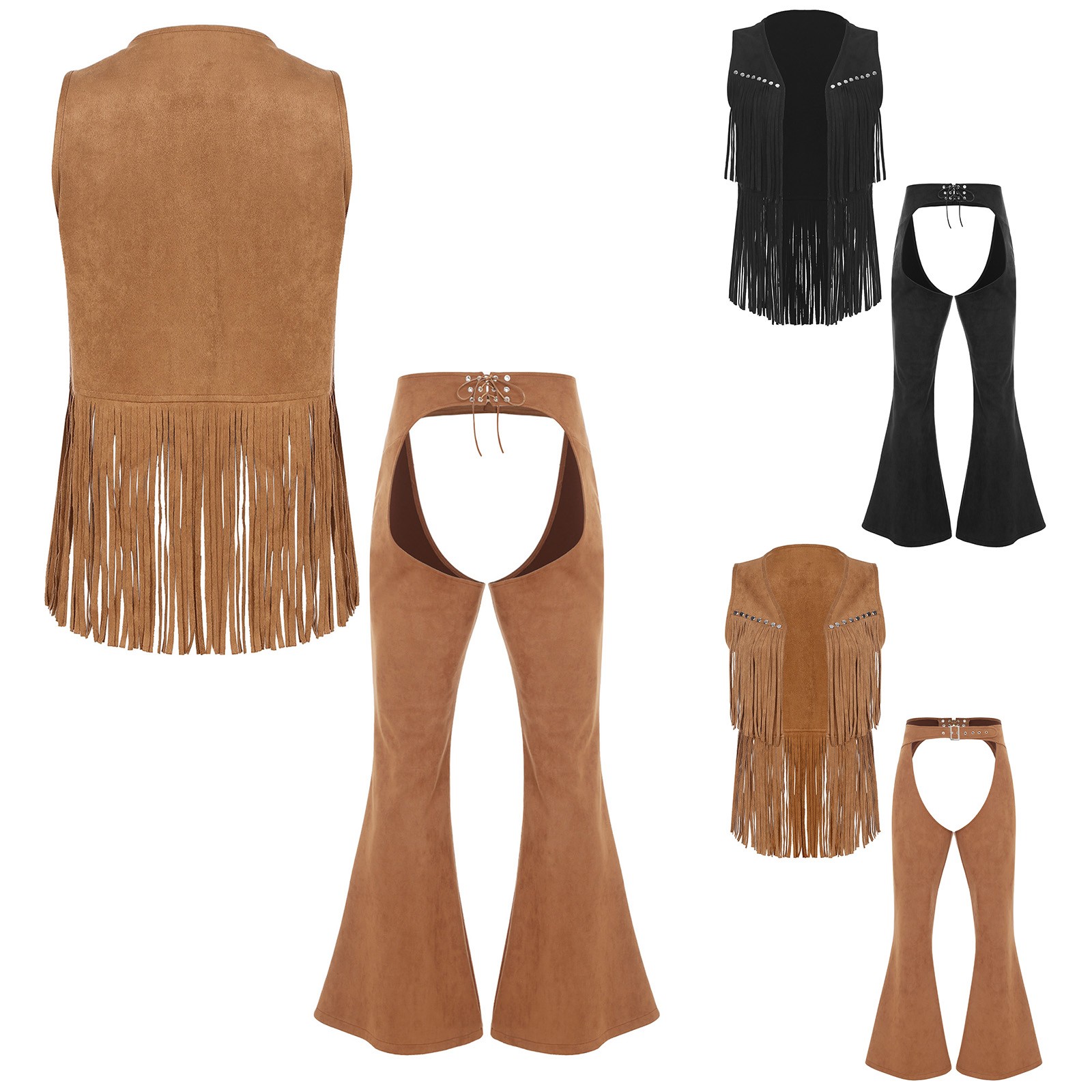 Mens Cowboy Costume Disco Outfit Dress Up Vest And Chaps 2 Pieces Cosplay Suit