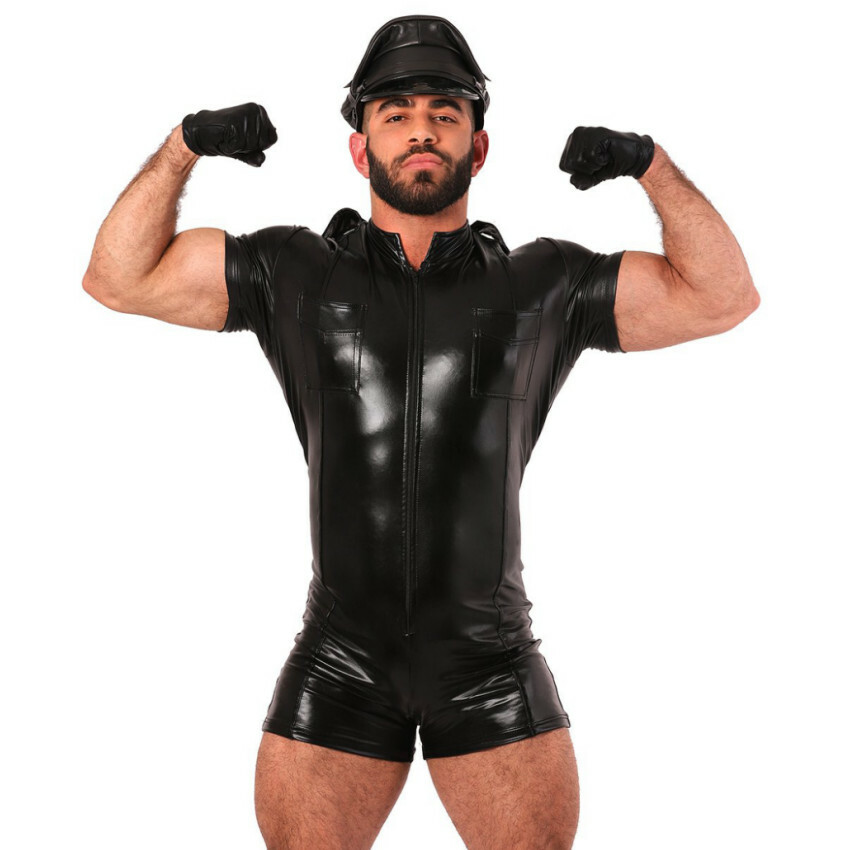 Mens Bodysuits PU Leather Catsuit Zip Short Sleeve Leotard Clubwear With Gloves
