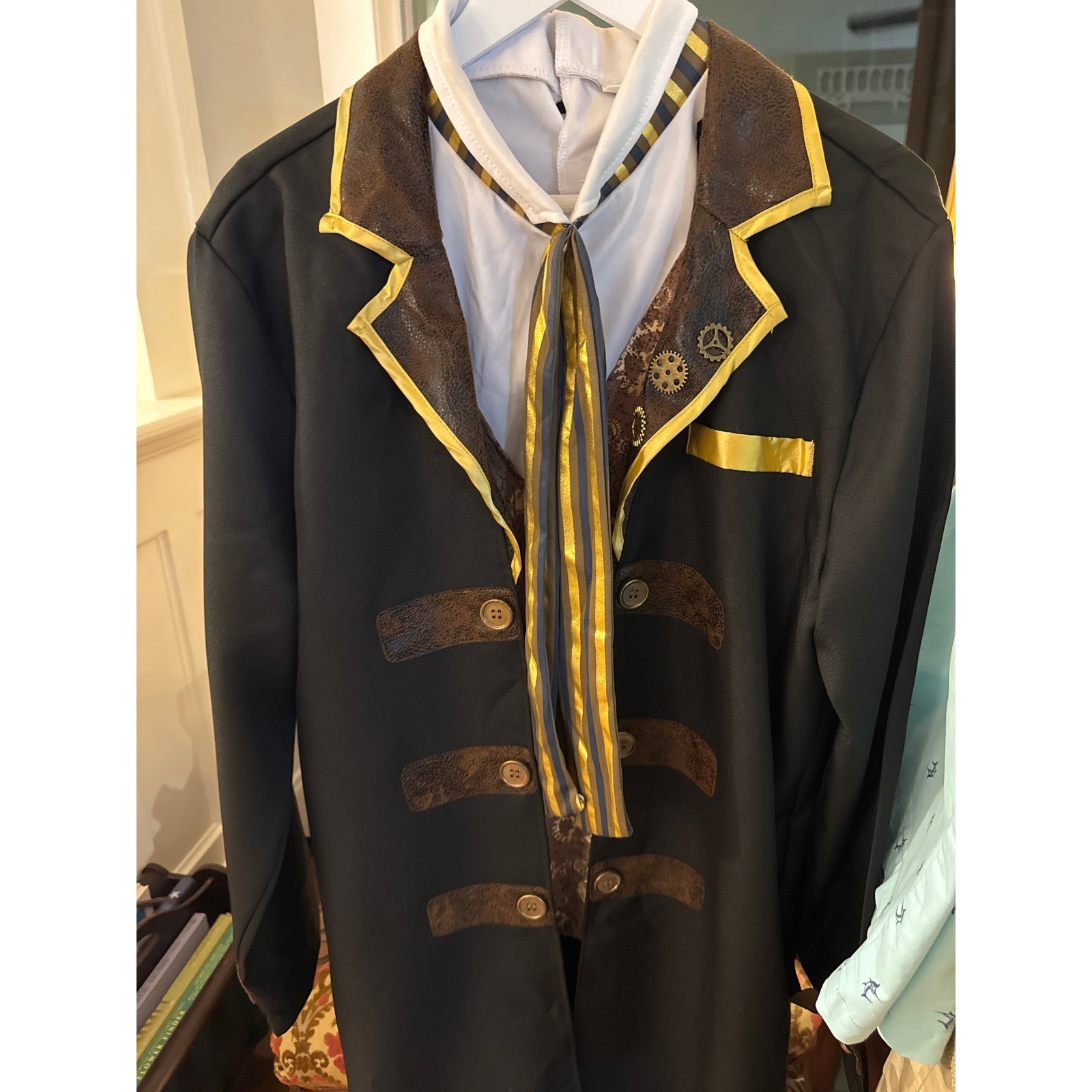 Steampunk Victorian Mens Costume Long Coat Vest Cravat Gear Details Black Gold