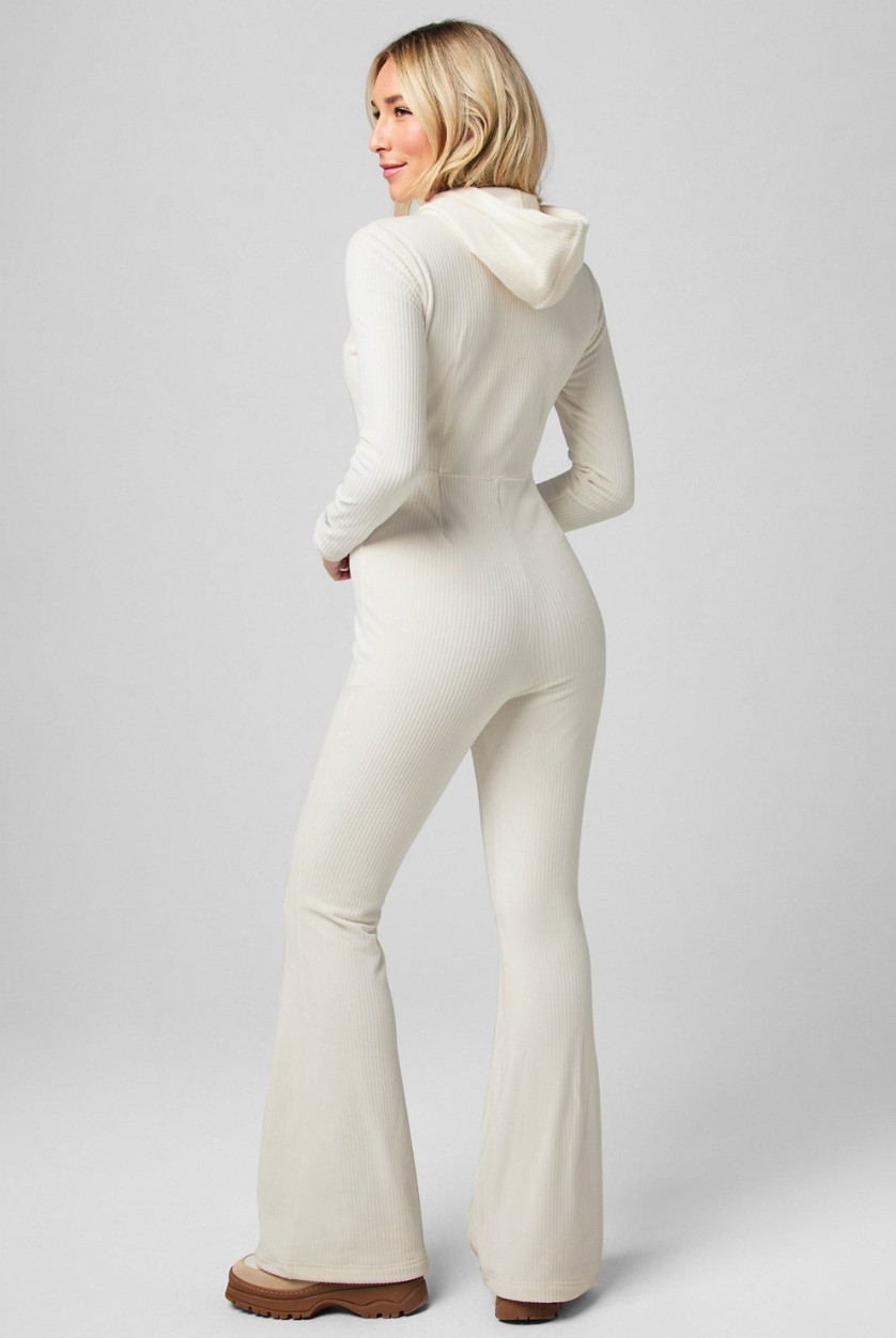 Fabletics Women’s Ribbed Zip-Front Hooded Jumpsuit – Cream / Ivory
