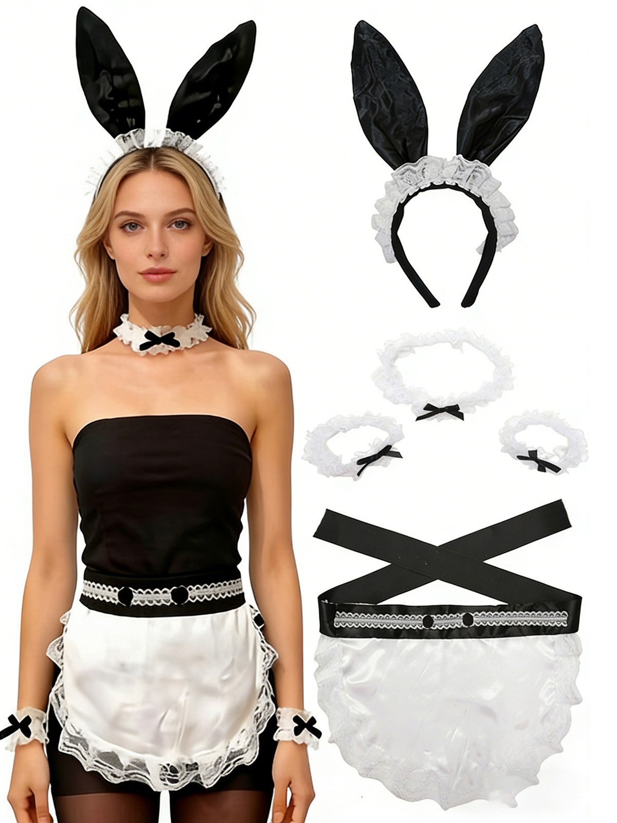 Women Rabbit Ear Headband Lightweight Apron Maid Set Fashion Lolita Neckwear