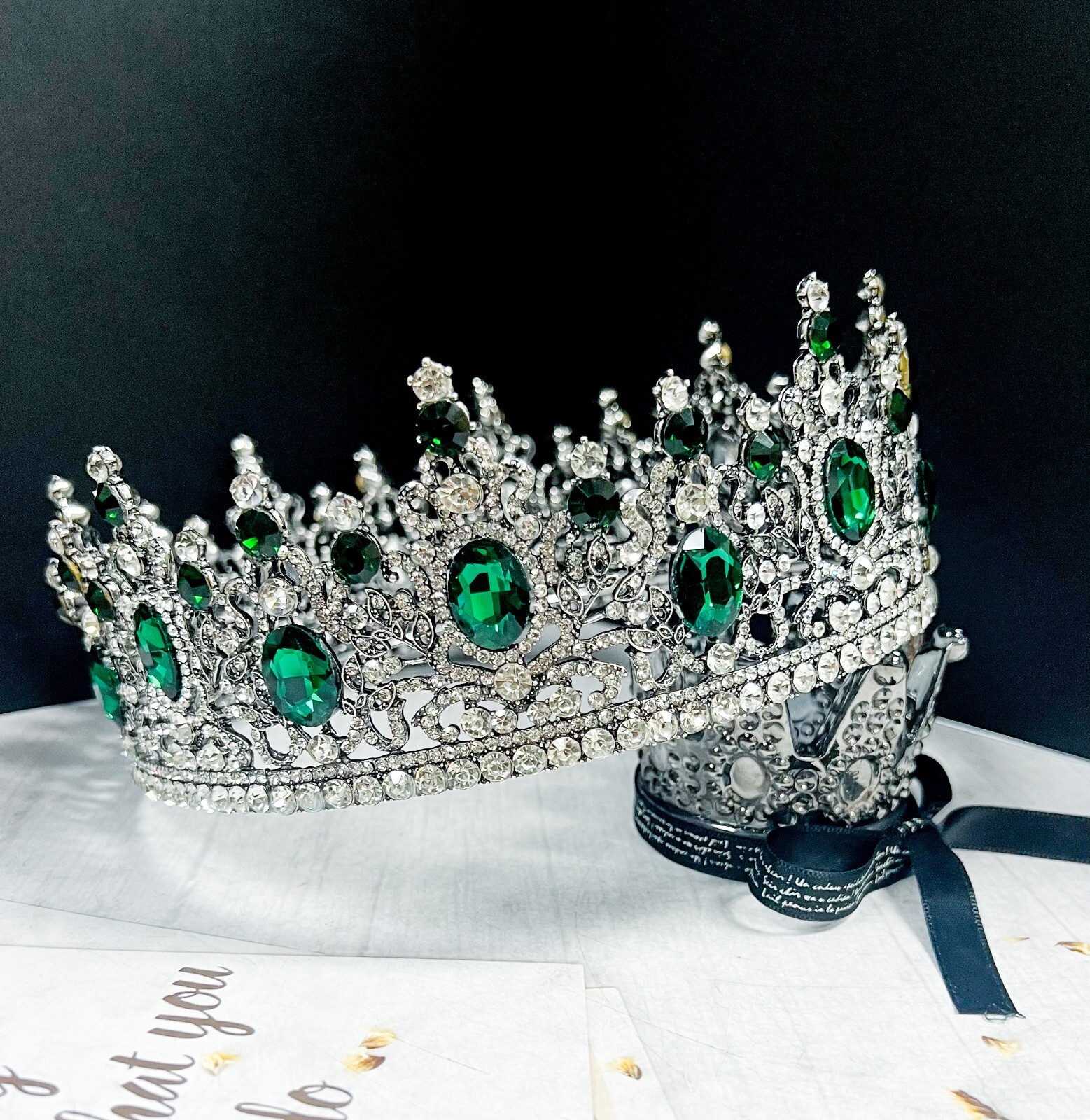 Royal King Crown, Green Crystal Crown, Silver Wedding Crown, Prom Crown, XL Size