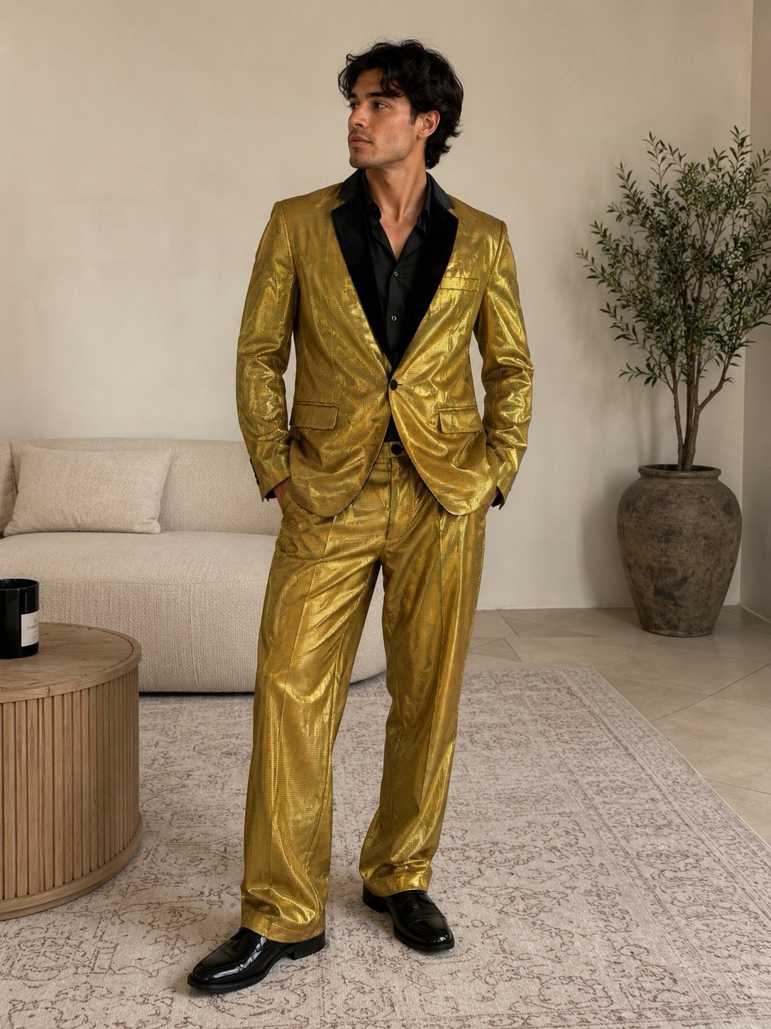 Gold Party Halloween Fashion Suit Jacket,Pants Size Large Gold