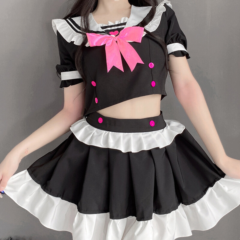 Women Waitress Maid Outfit Crop Top Skirt Set Ruffle Pleated Bow Cosplay Sweet