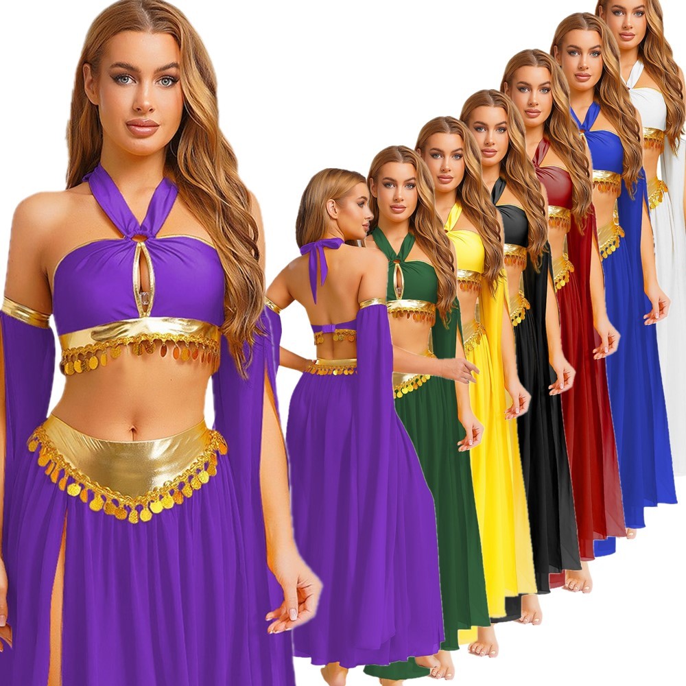 US Women Sexy Arabian Princess Belly Dance Halter Bra Top +Split Skirts +Sleeves