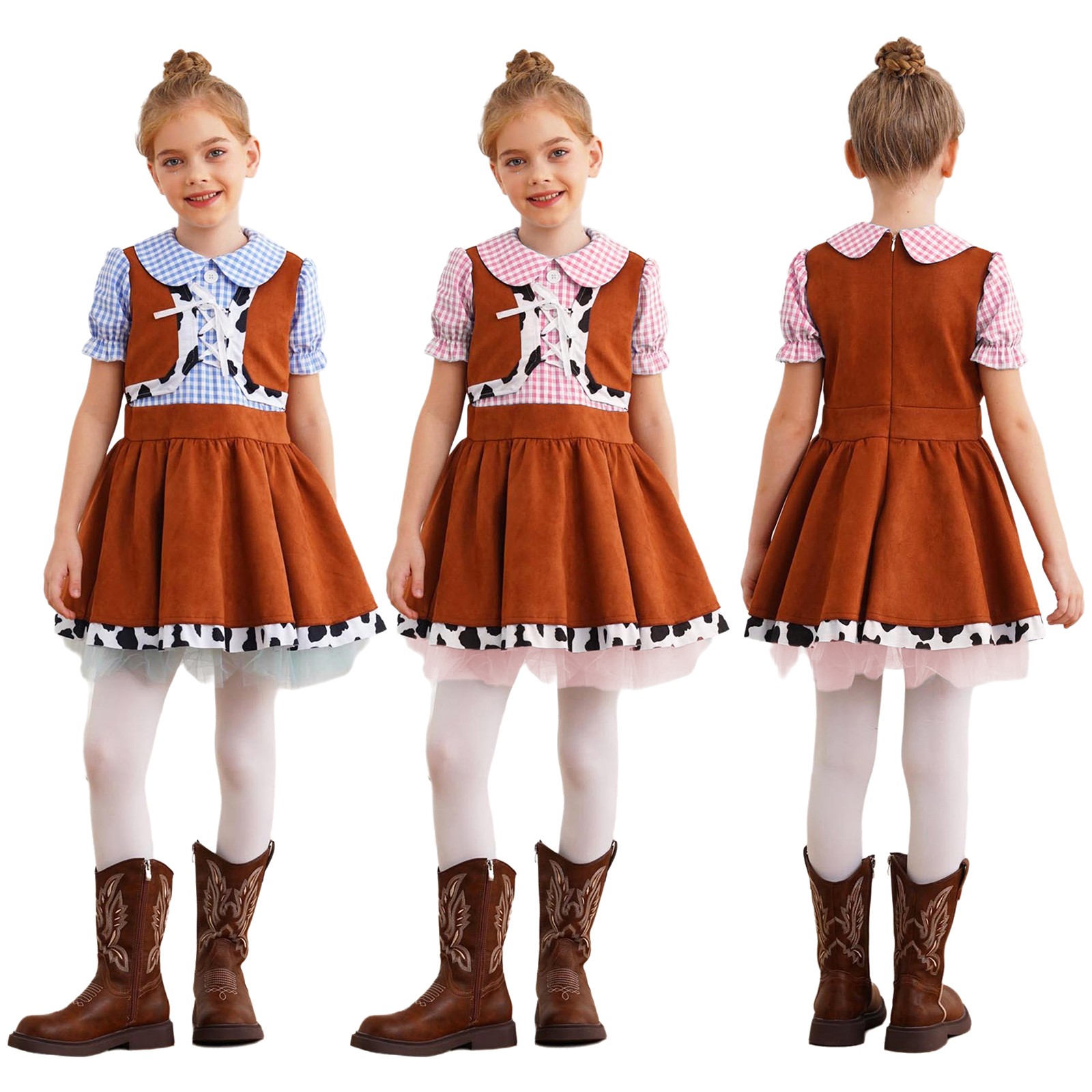 Kids Girls Plaid Cowgirl Fancy Dress Costume Western Rodeo Party Outfits