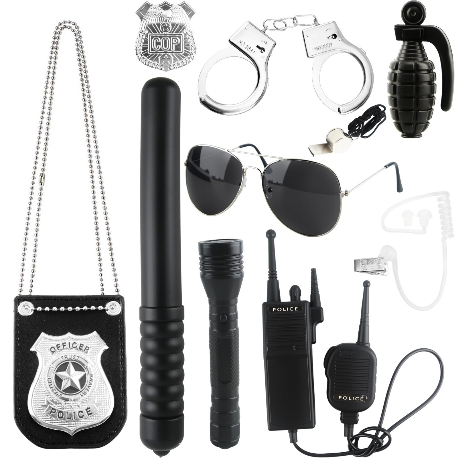 10 Pcs Kids Police Costume Accessories Set – Metal Handcuffs, Badge & Detective