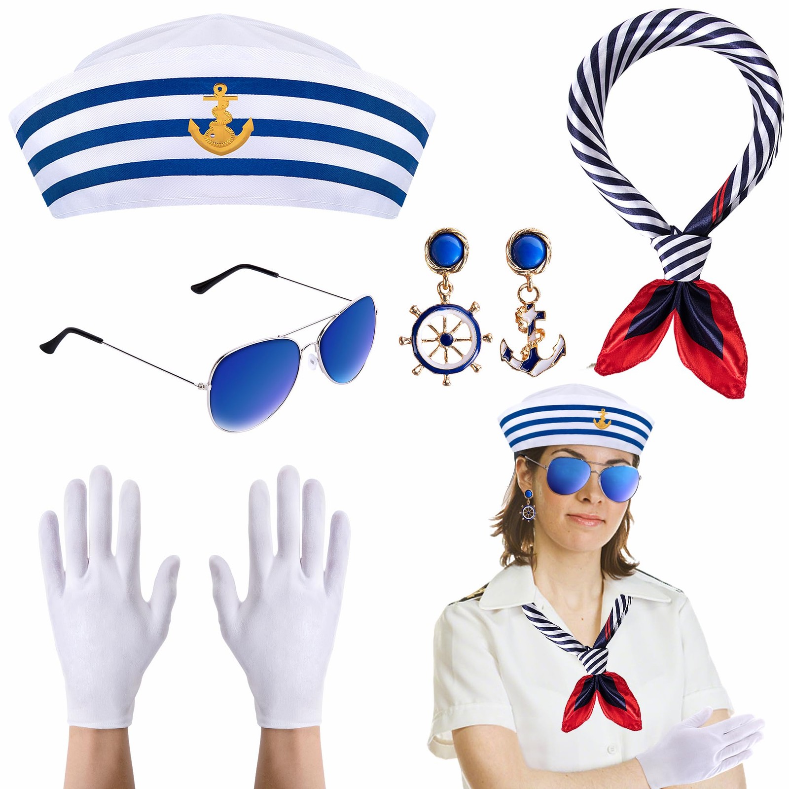 5 Pcs Halloween Sailor Hat Scarf Sunglasses Gloves Earrings Costume Set