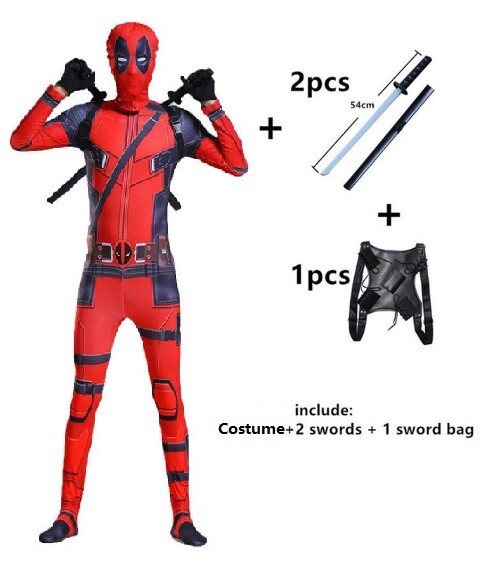 Deadpool Costume Jumpsuit + Dual Swords w/Harness Holder for Halloween Cosplay