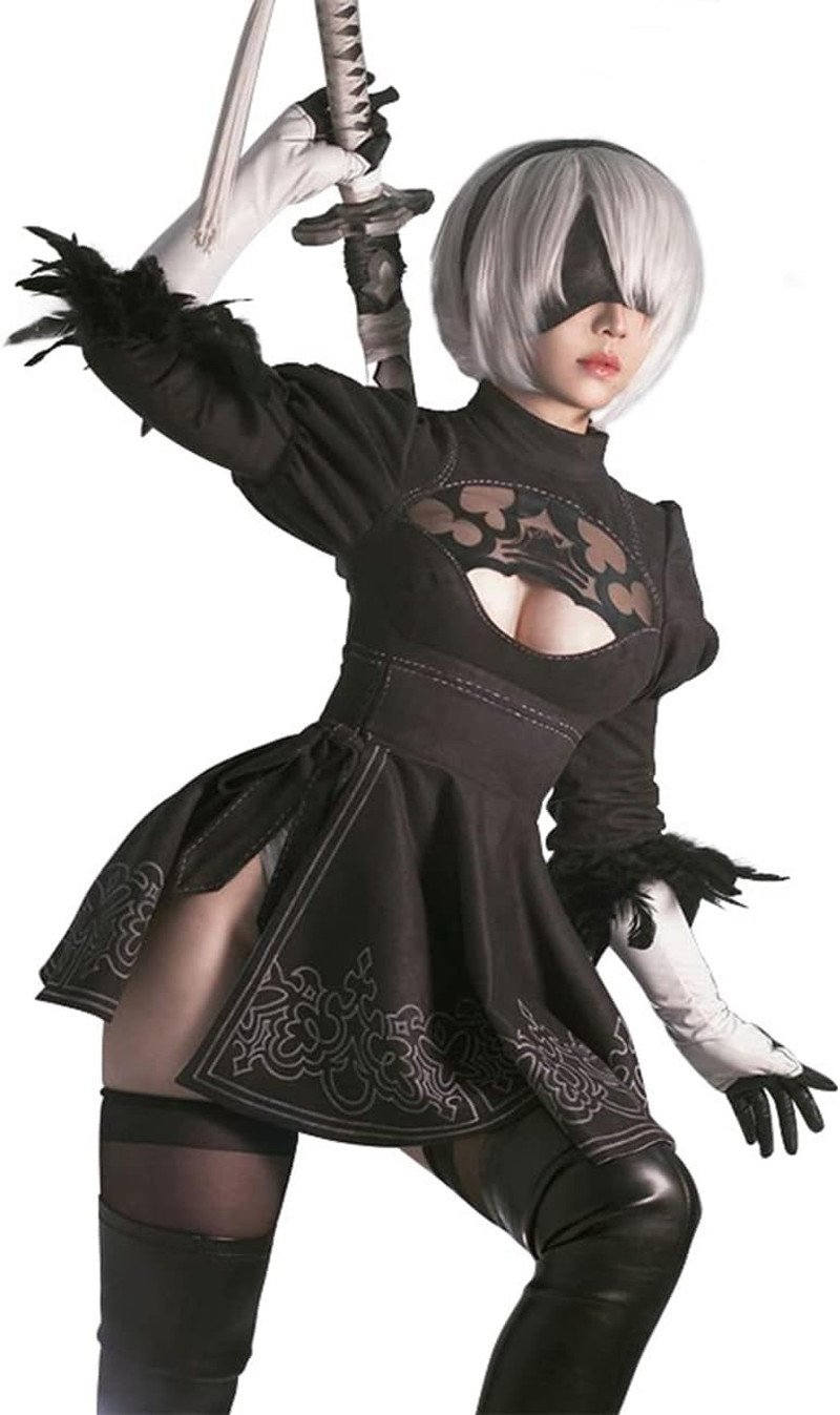 Nier: Automata 2B Cosplay Black Tone Dress and Wig Animation Cosplay Halloween C