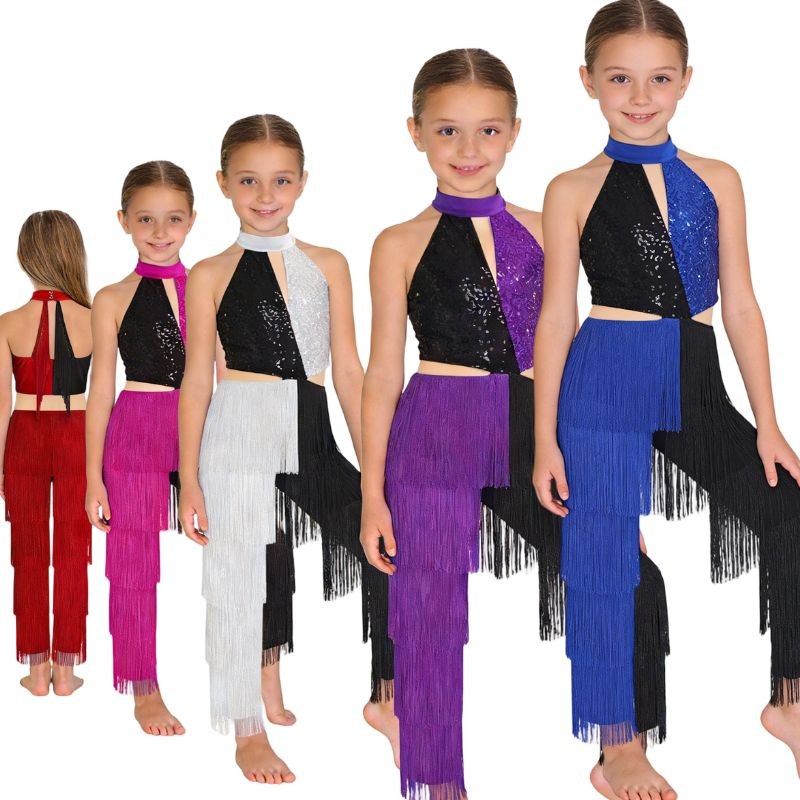 Kids Girls Sequins Fringe Tassel Jumpsuit Latin Jazz Dance Costume for Ballroom