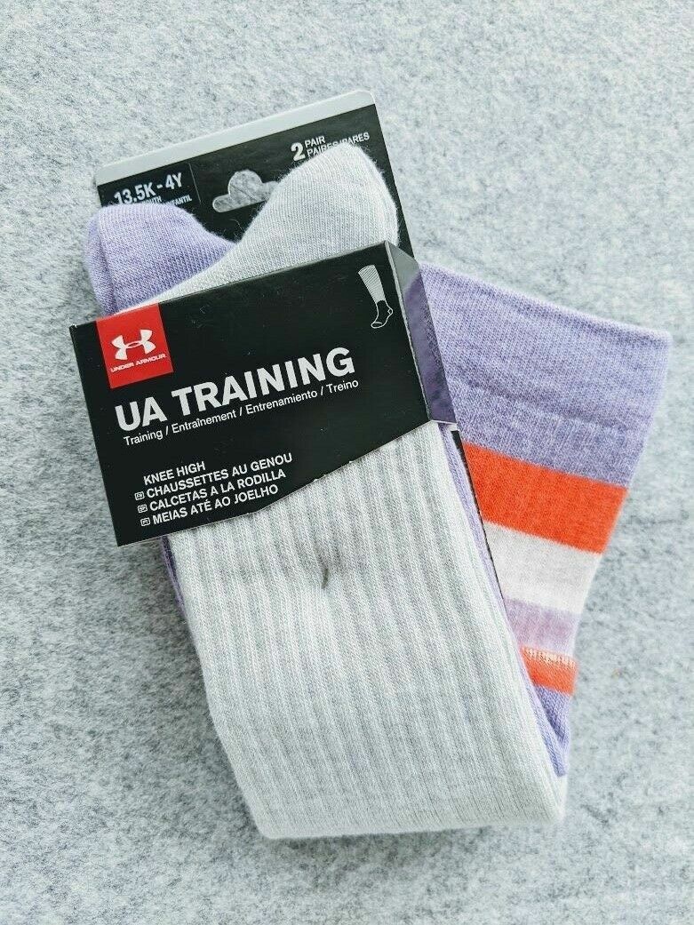 Under Armour Girls’ Knee High Over-The-Calf Socks, 2 Pack, Purple/Grey