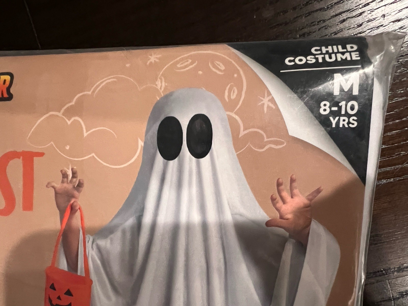 Child Ghost Costume Halloween w/ Pumpkin Bag Boys Girls Poncho Sz Medium 8-10 M