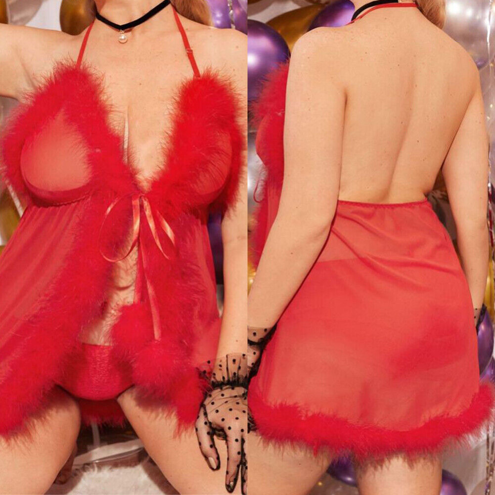Women XMAS Lingerie Lace Bikini Pajamas Set G-String Dress Babydoll Nightwear US