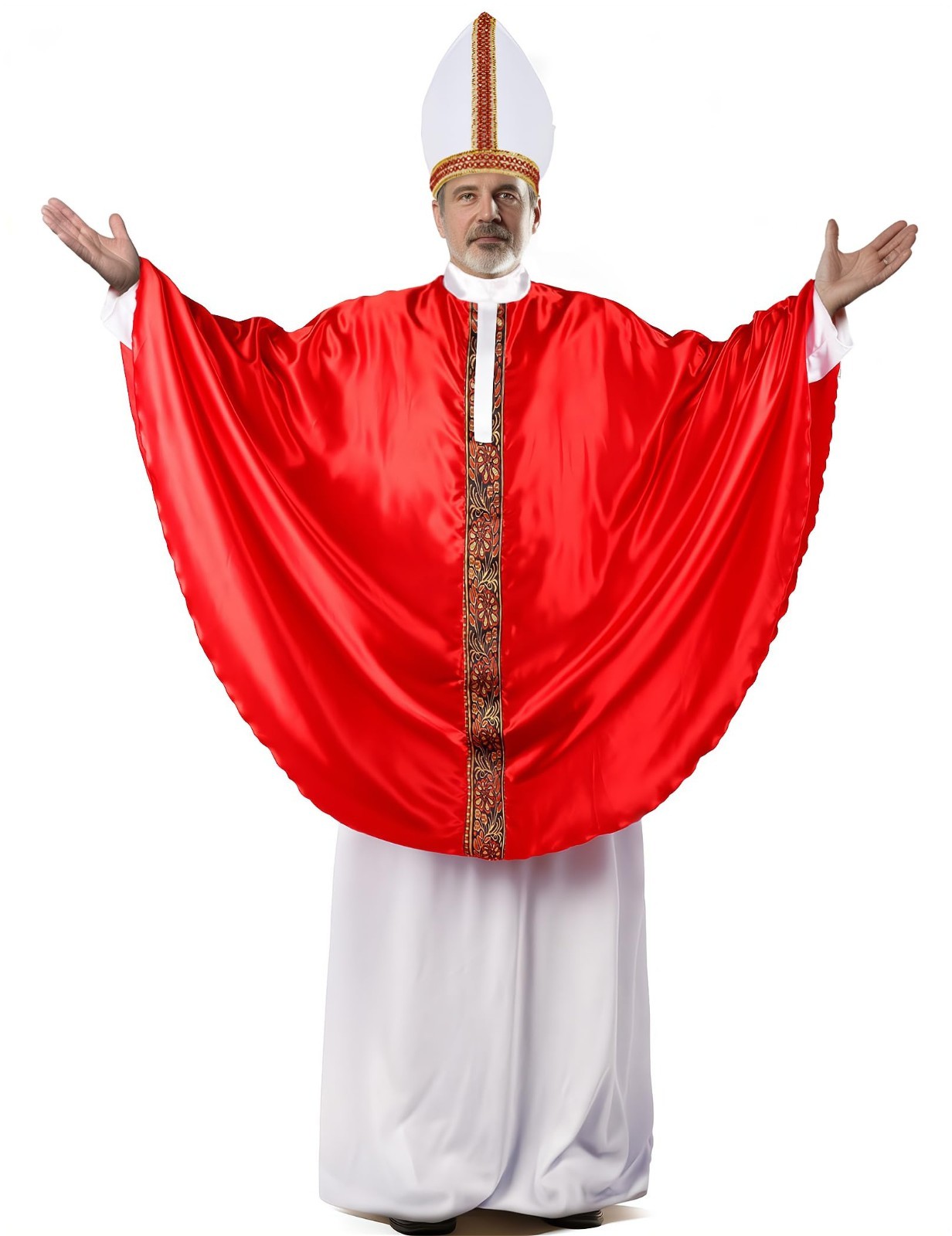 Men’s 3-Piece Pope Costume – Red & White Bishop Outfit with Mitre Hat, Religious