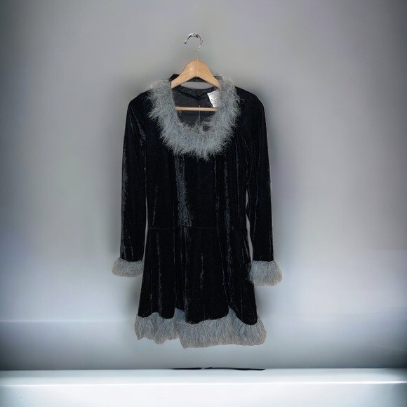 90s Black Cat Velvet Velour Quarter Sleeve Mini Dress Costume Plus Tail Size M/L