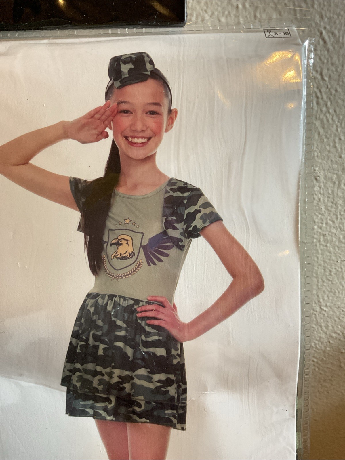 New Girls Camo Army Cadet Camouflage Halloween Costume Hat & Dress Large 8-10