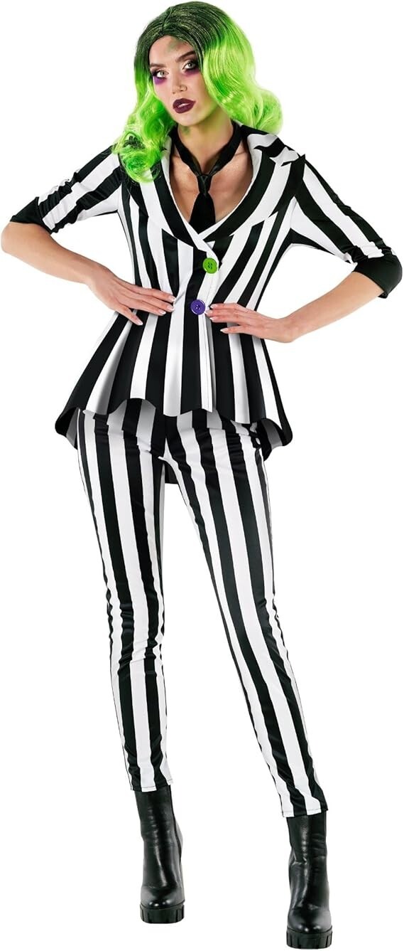 Women`s Beetlejuice Costume Black White Striped Horror Suit Halloween S – 3XL