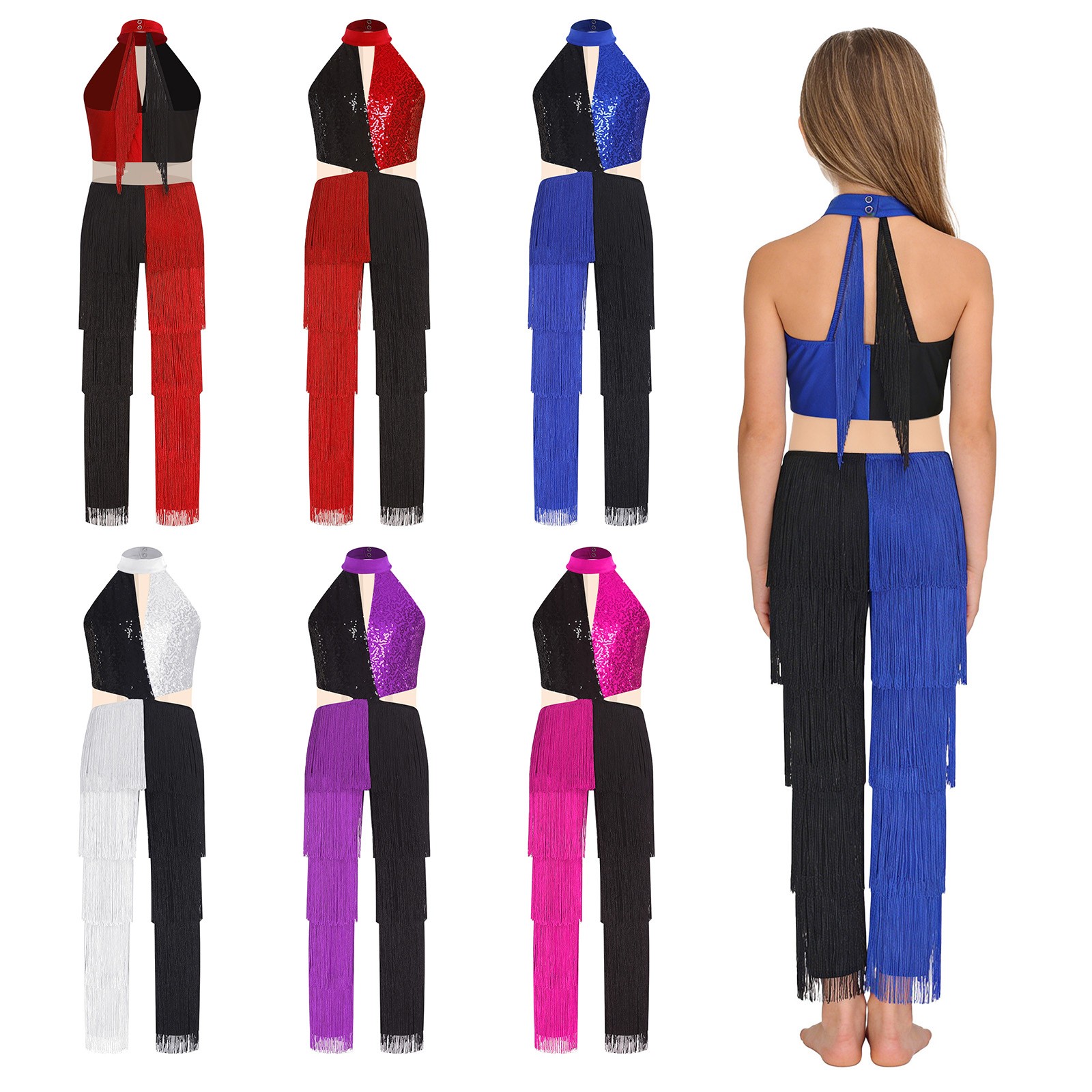 Kids Girls Sequins Fringe Tassel Jumpsuit Latin Jazz Dance Costume for Ballroom