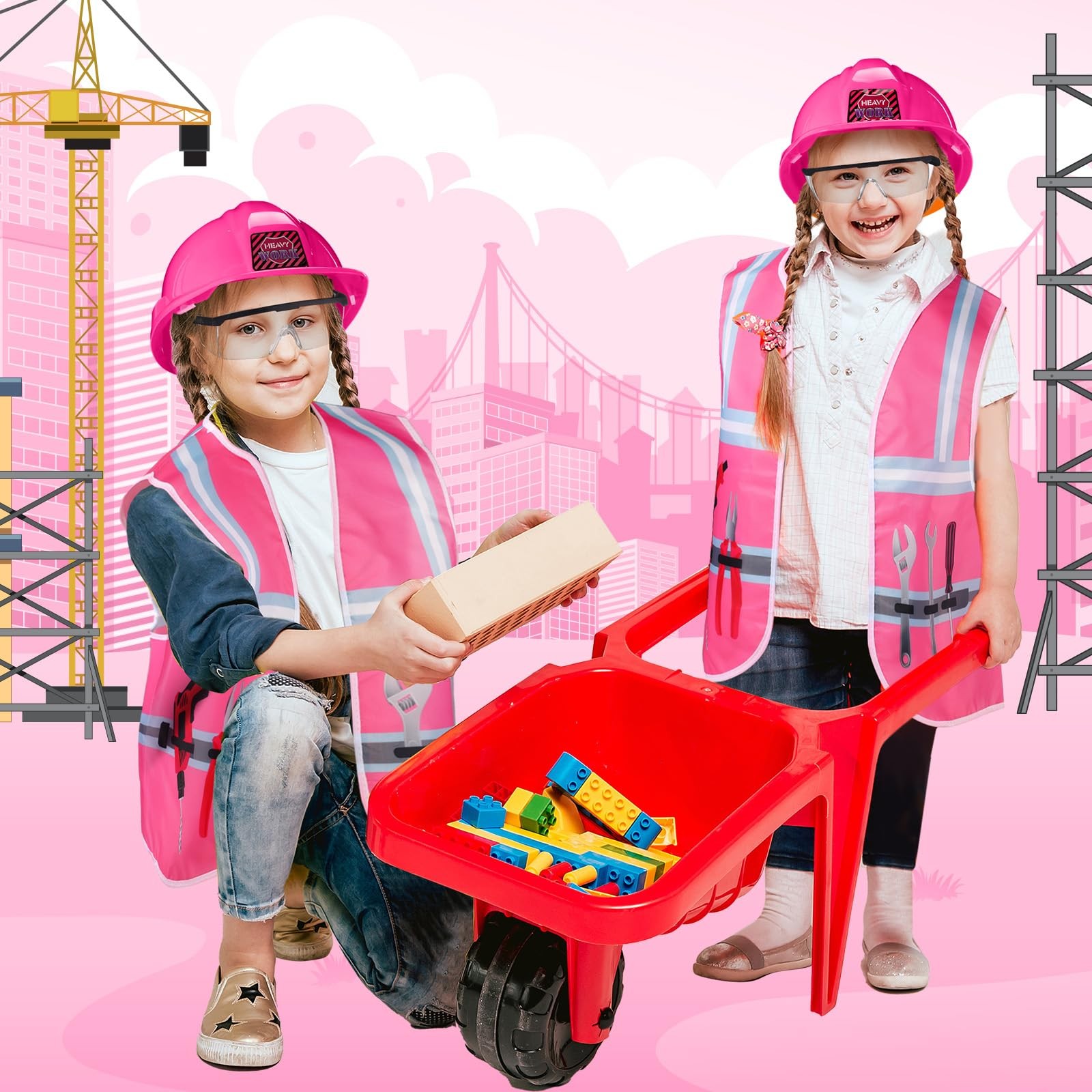 Kids Construction Worker Costume Set Hard Hat Vest Goggles Dress Up Outfit