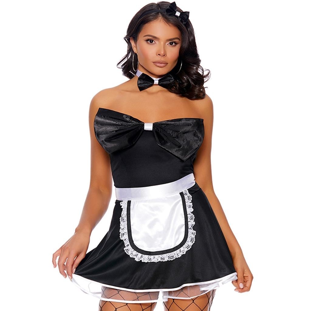 Maid Costume Strapless Dress Large Bow Apron Lace Trim Choker Set 99091 Small