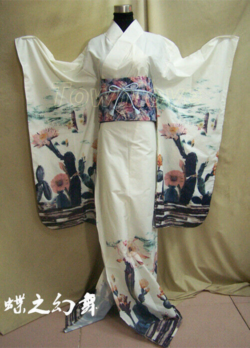 46 Colors Japanese Traditional Womens Cotton Blend Long Furisode Kimono Costume