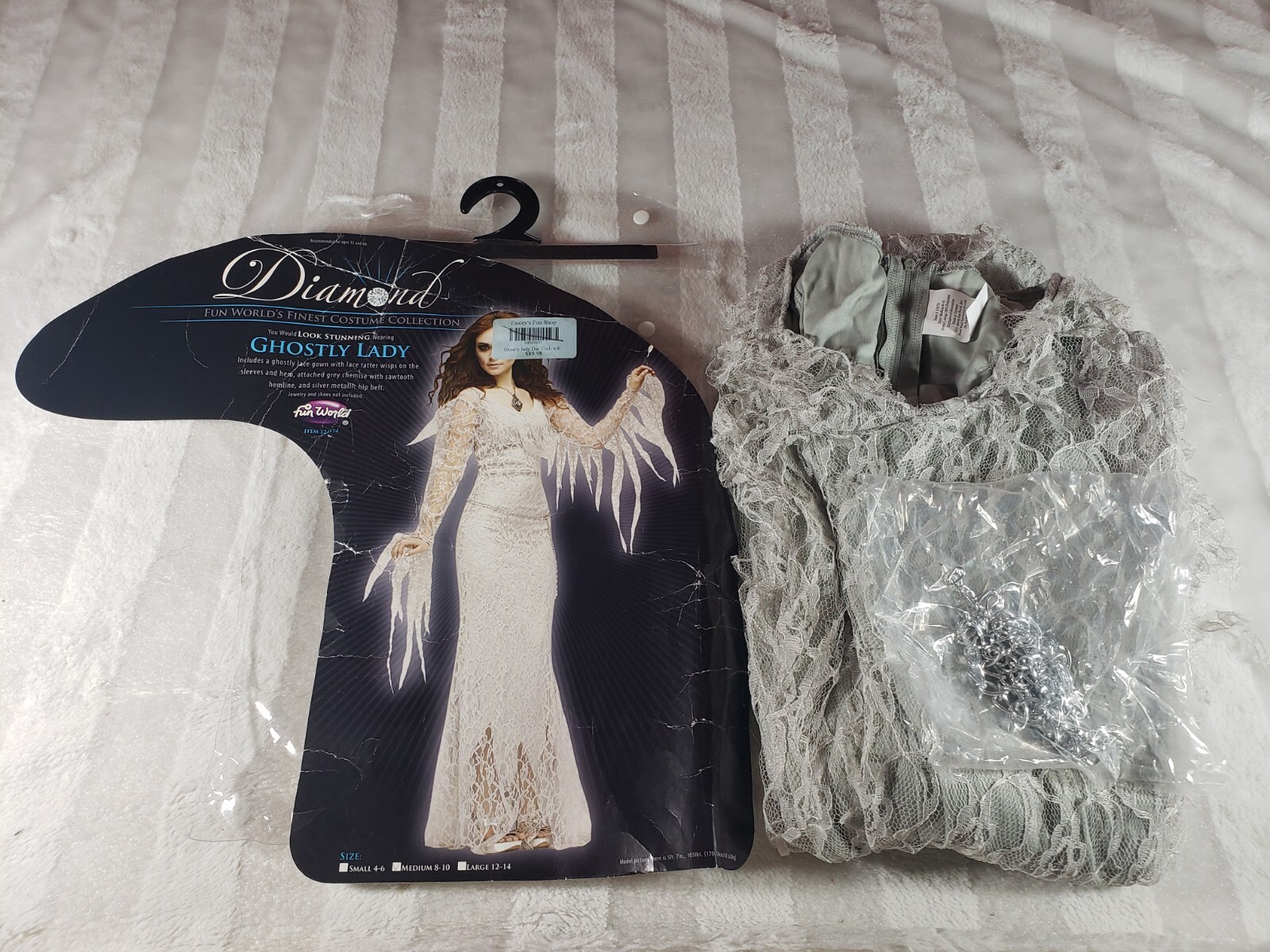 White Gray Lace Ghostly Lady Fun World Diamond Womens Halloween Costume M 8 10