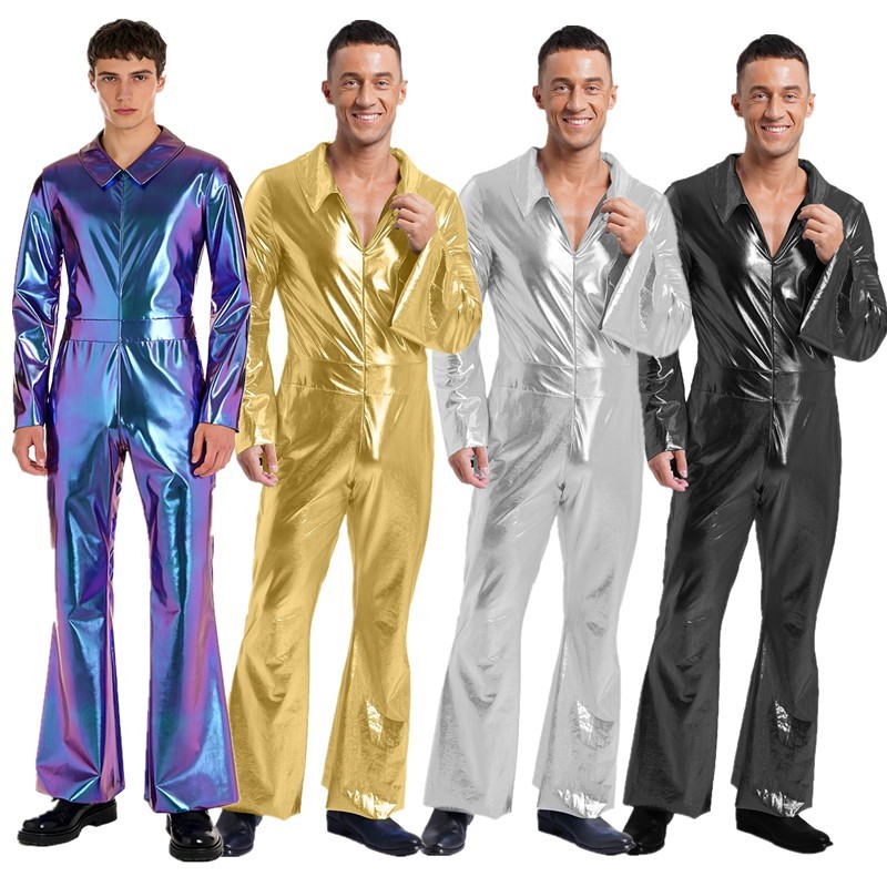 US Mens 70s Disco Dance Costume Shiny Metallic Jumpsuit Halloween Nightclub Rave