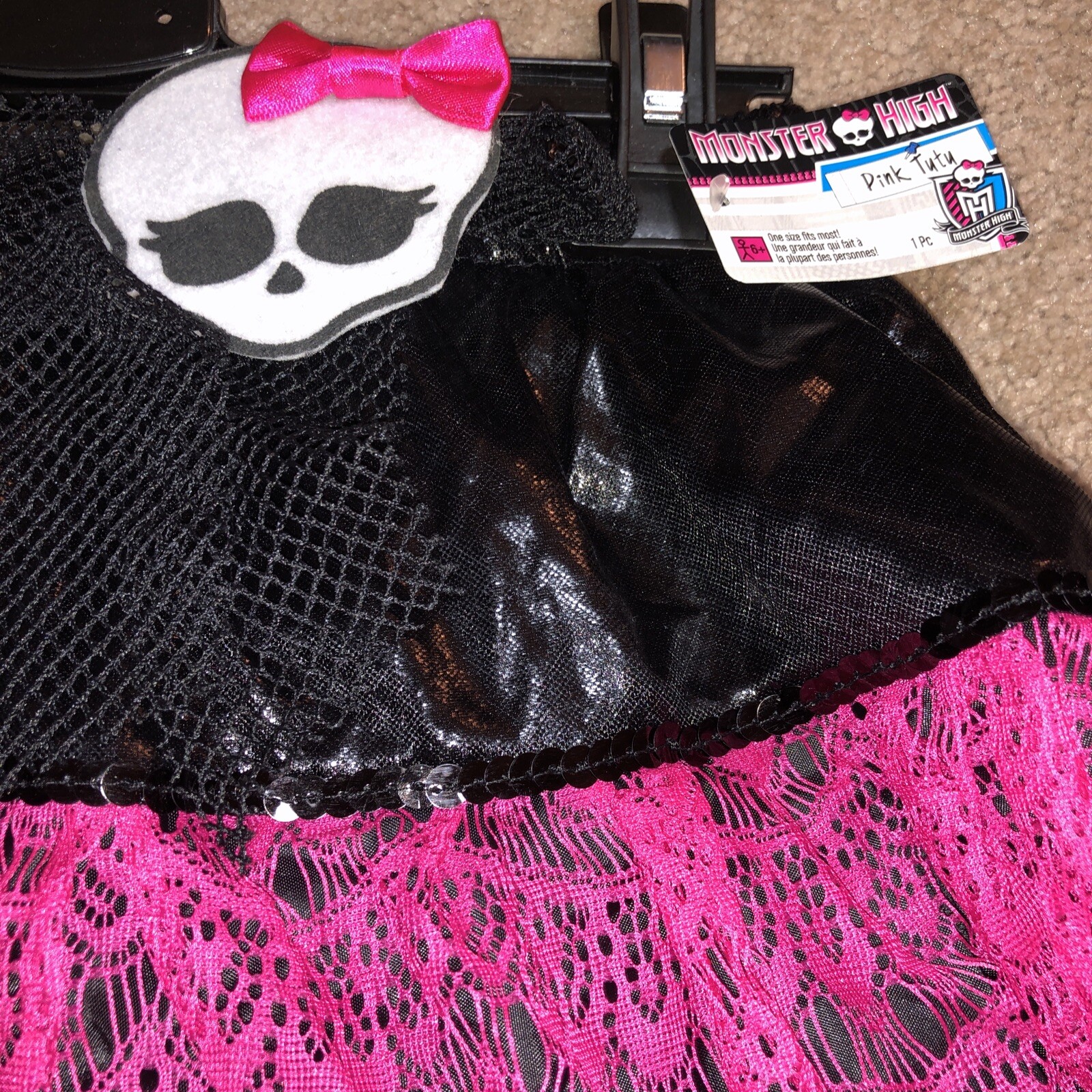 Monster High Girls Skirt Tutu Costume Skull with Bow Black Pink Sequin