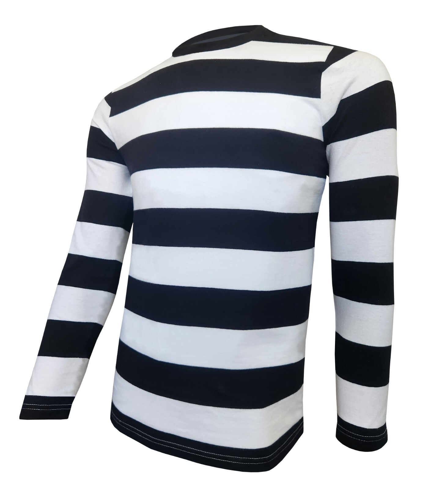 Mens Black & White Striped T-Shirt Cosplay Costume Prisoner Convict Mime Pirate