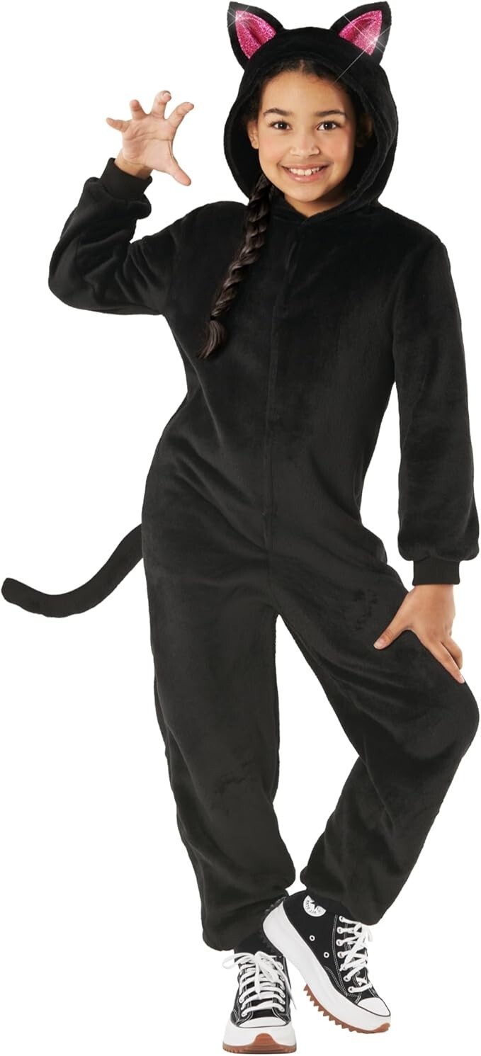Girls Black Cat Costume Kids Hooded Halloween Jumpsuit + Tail & Ears S – XL