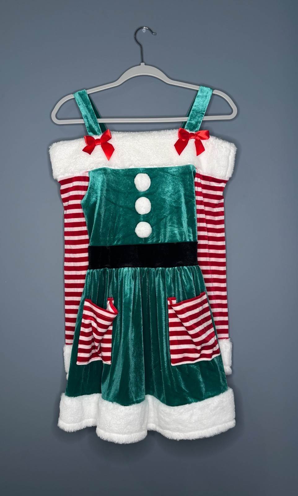 Born Famous Christmas Elf Costume Dress with Attached Sleeves Women’s Small NWT