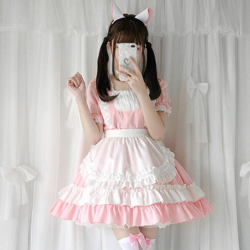 Kawaii Lolita Sweet Dress Maid Outfit Anime Cosplay Costume Role Play Pink Black