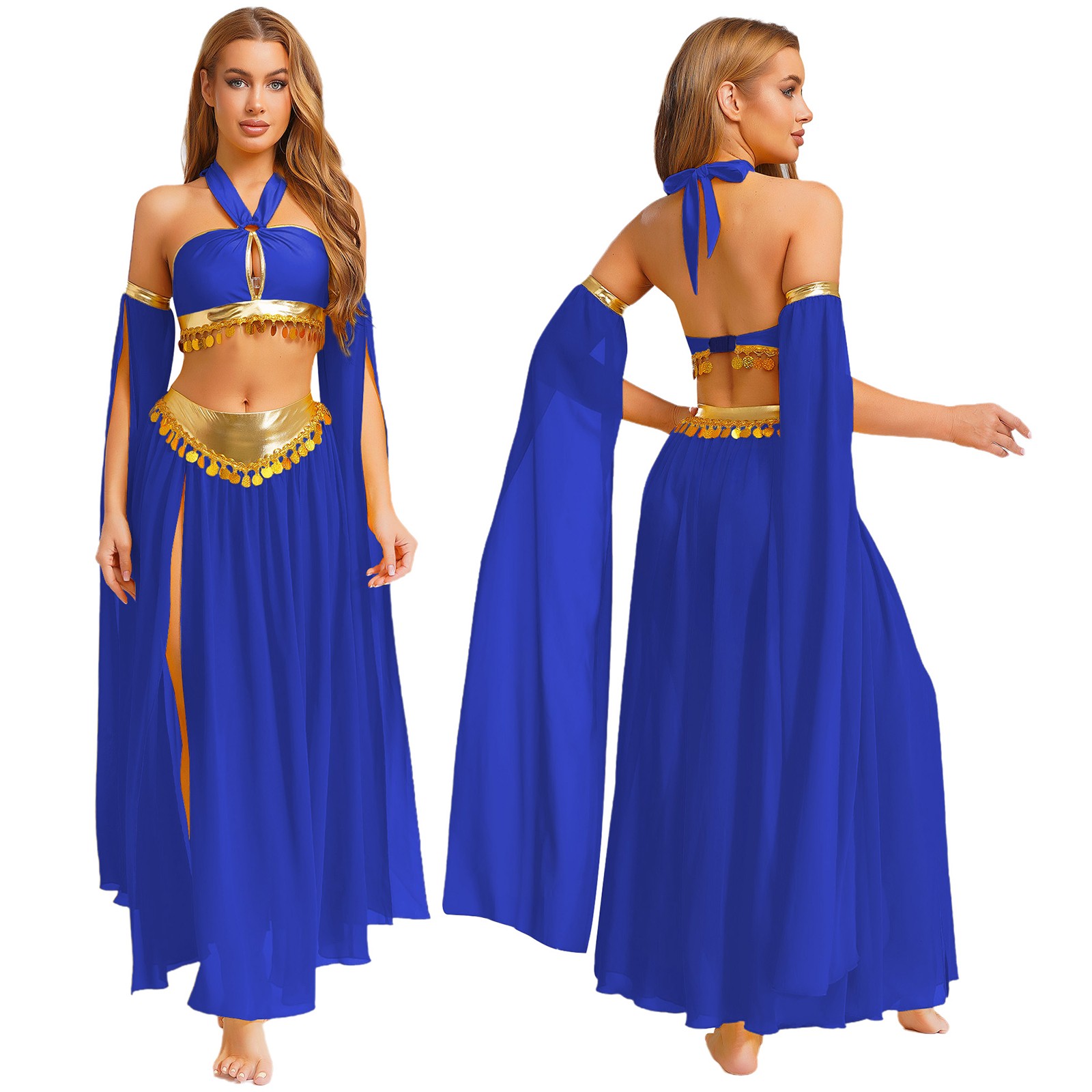 US Women Sexy Arabian Princess Belly Dance Halter Bra Top +Split Skirts +Sleeves