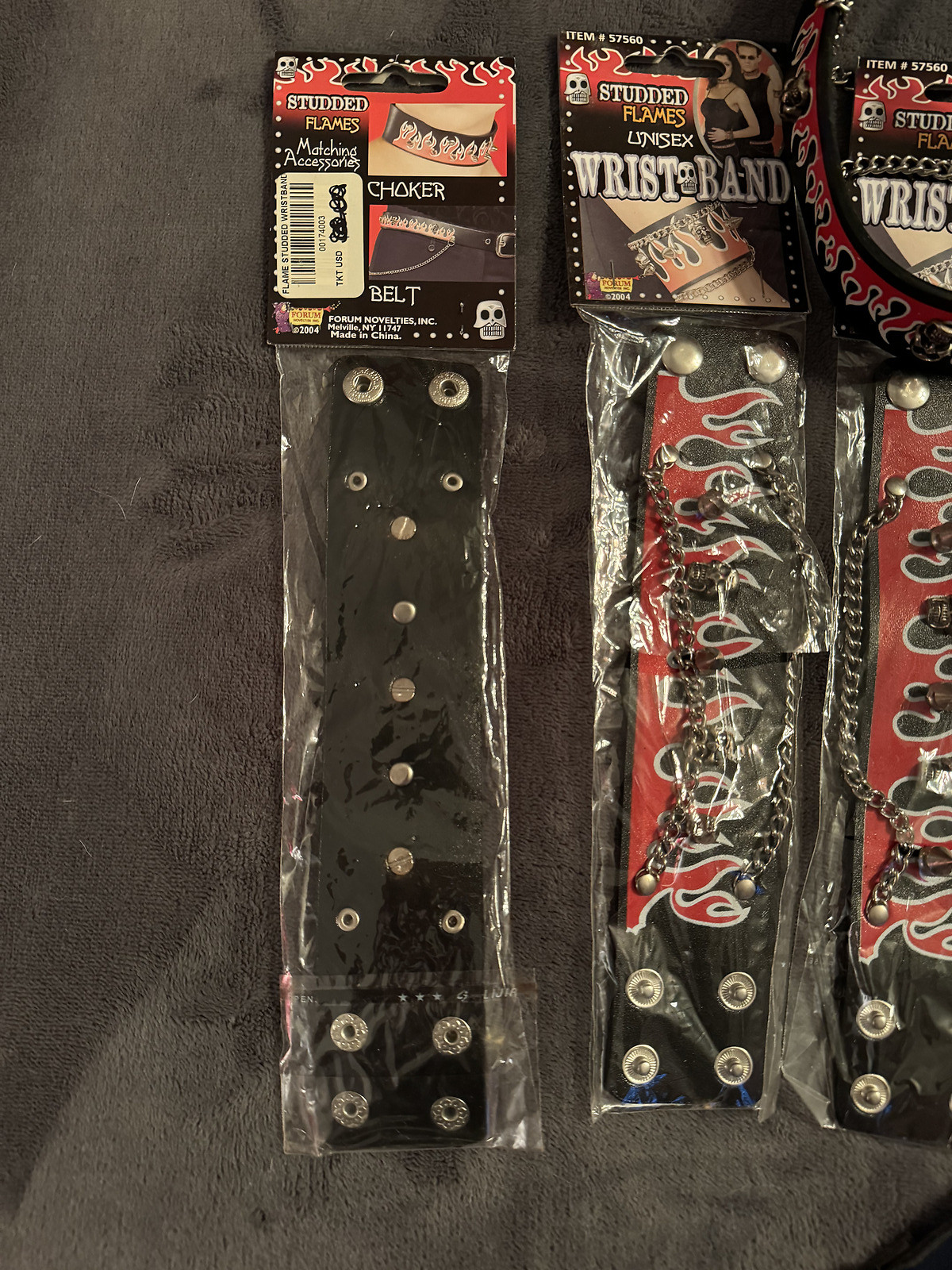 Punk Rock Biker Flame Studded Skull Wristbands, Chain Belt, Choker Costume