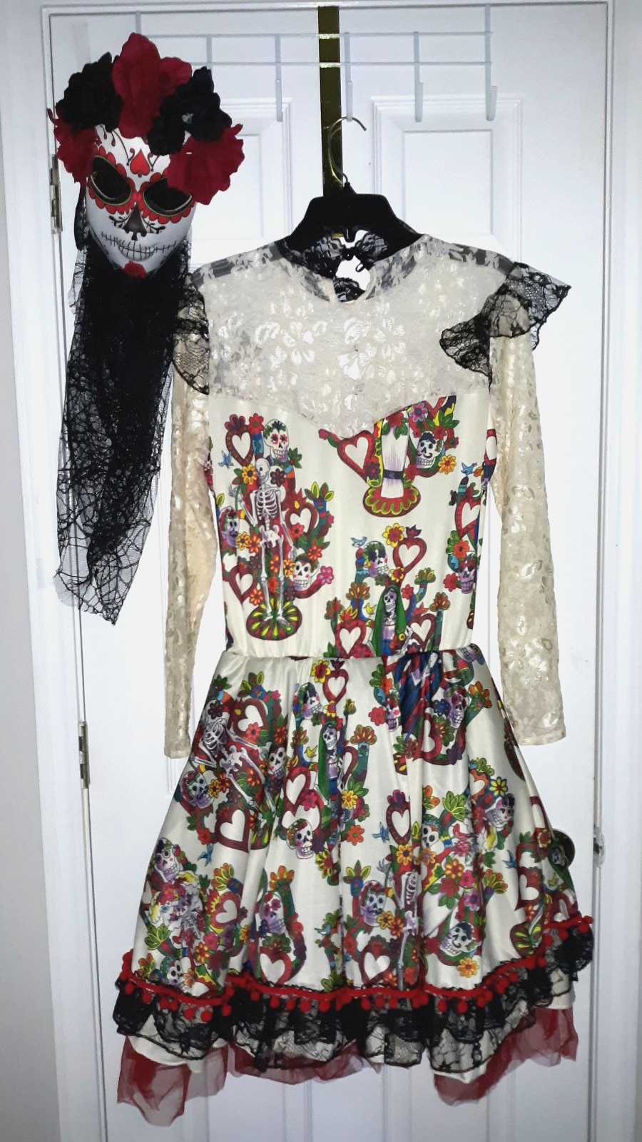Spirit Day Of The Dead Dress & Mask W/ Veil Lace Roses Sz XL Sugar Skulls Adult