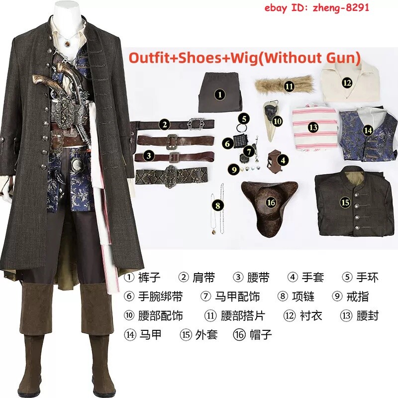 Pirates of the Caribbean Jack Sparrow Cosplay Costume Outfit Halloween Suit Shoe