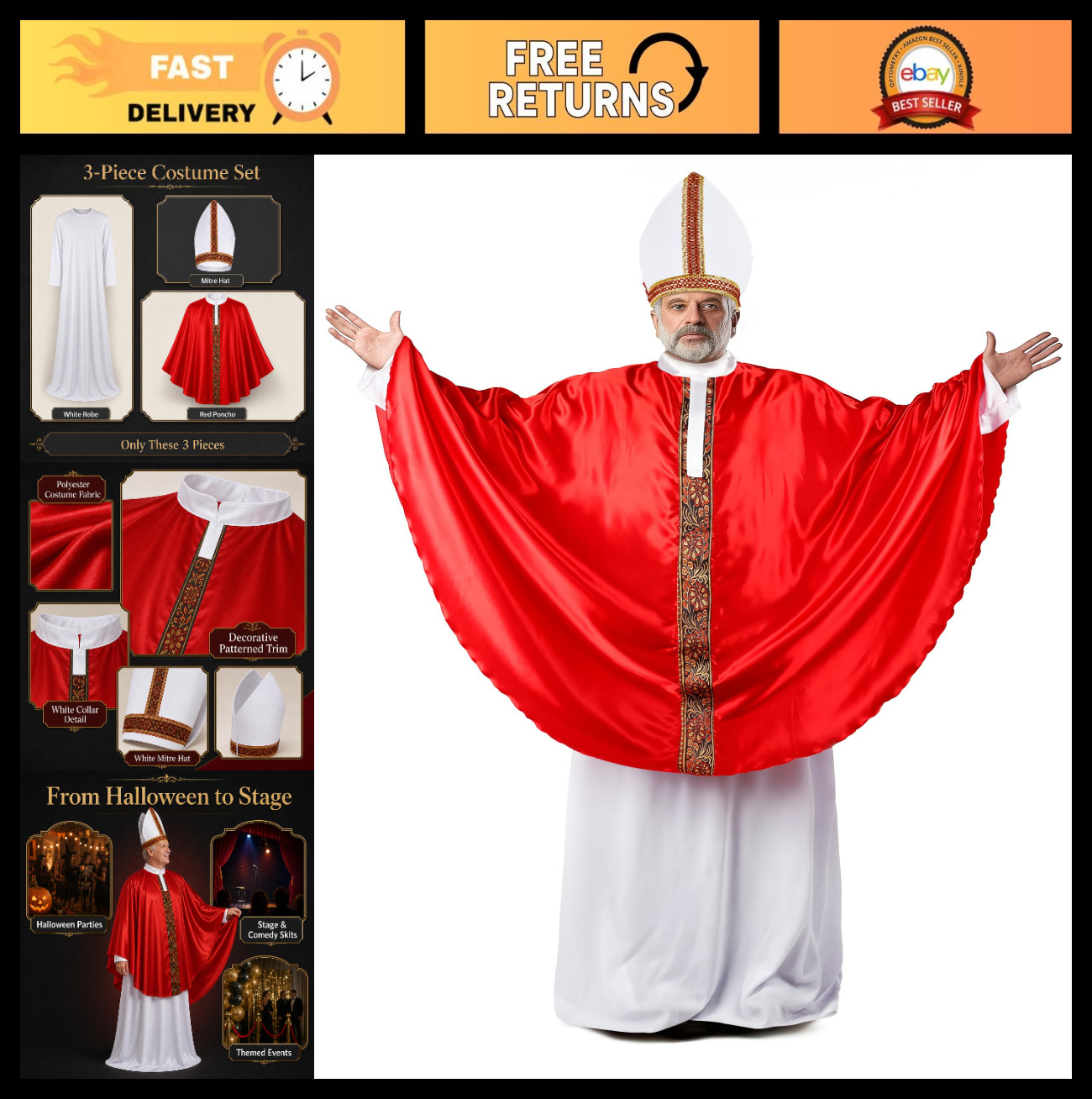 Men’s Pope Costume with Bishop Hat – Adult Religious Outfit for Halloween & Part