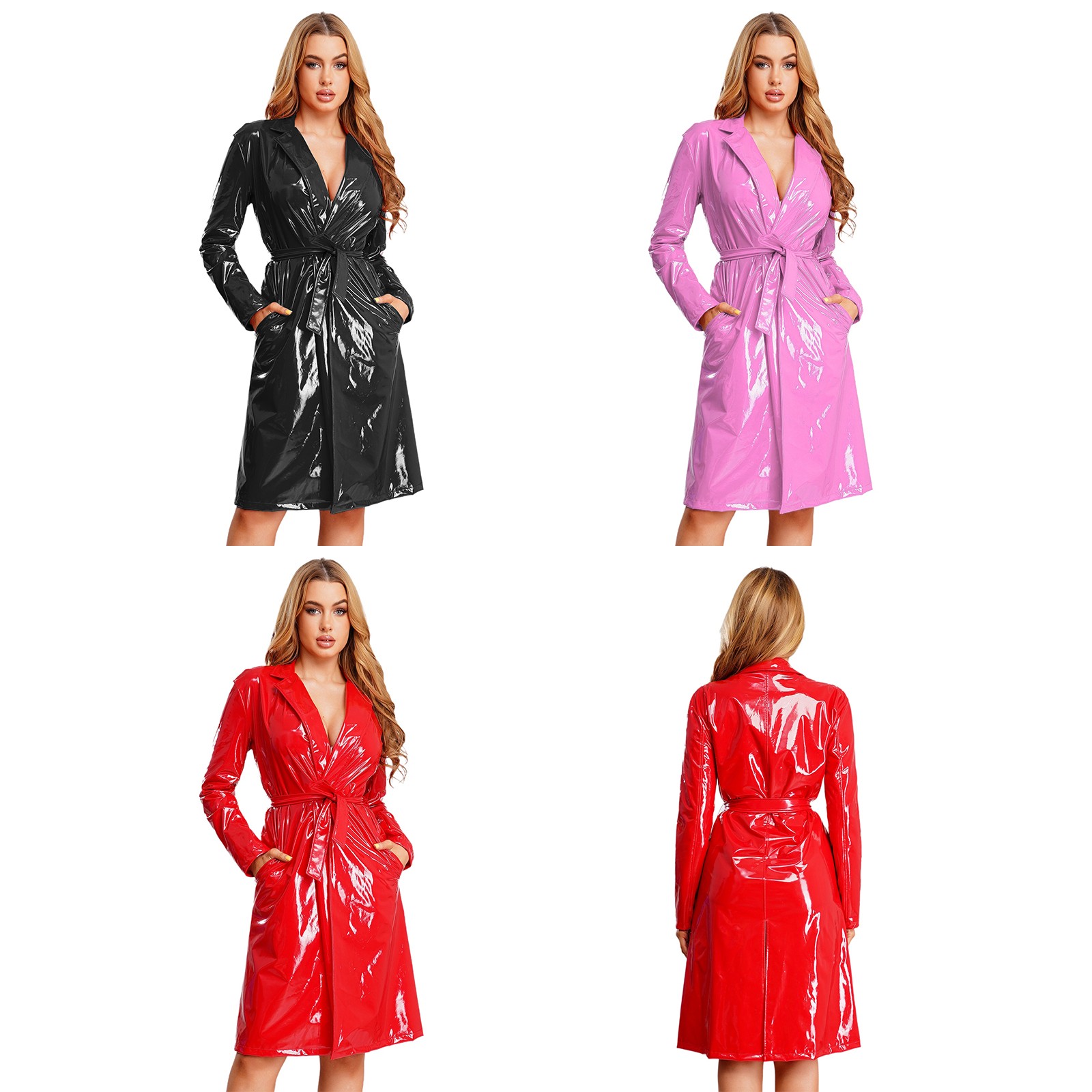 US Womens Long Leather Jacket Wet Look Lapel Long Sleeve Open Front Trench Coat