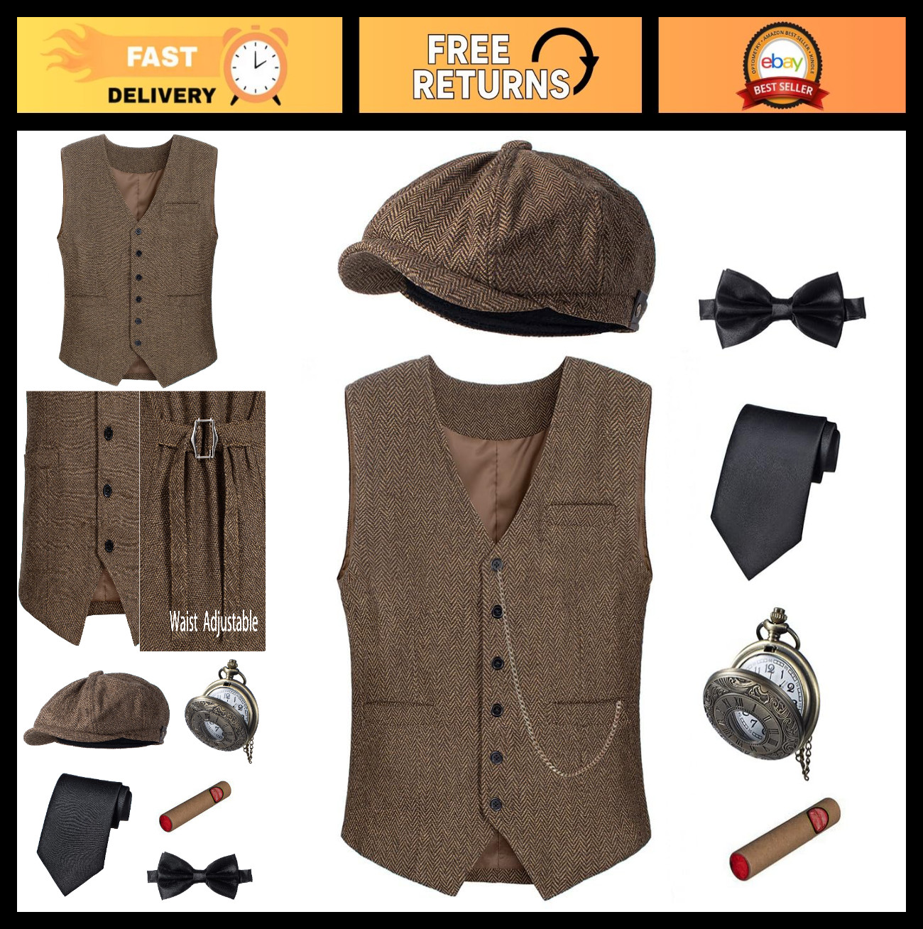 1920s Men’s Costume Set – Vest, Hat, Pocket Watch & Accessories for Party Cospla