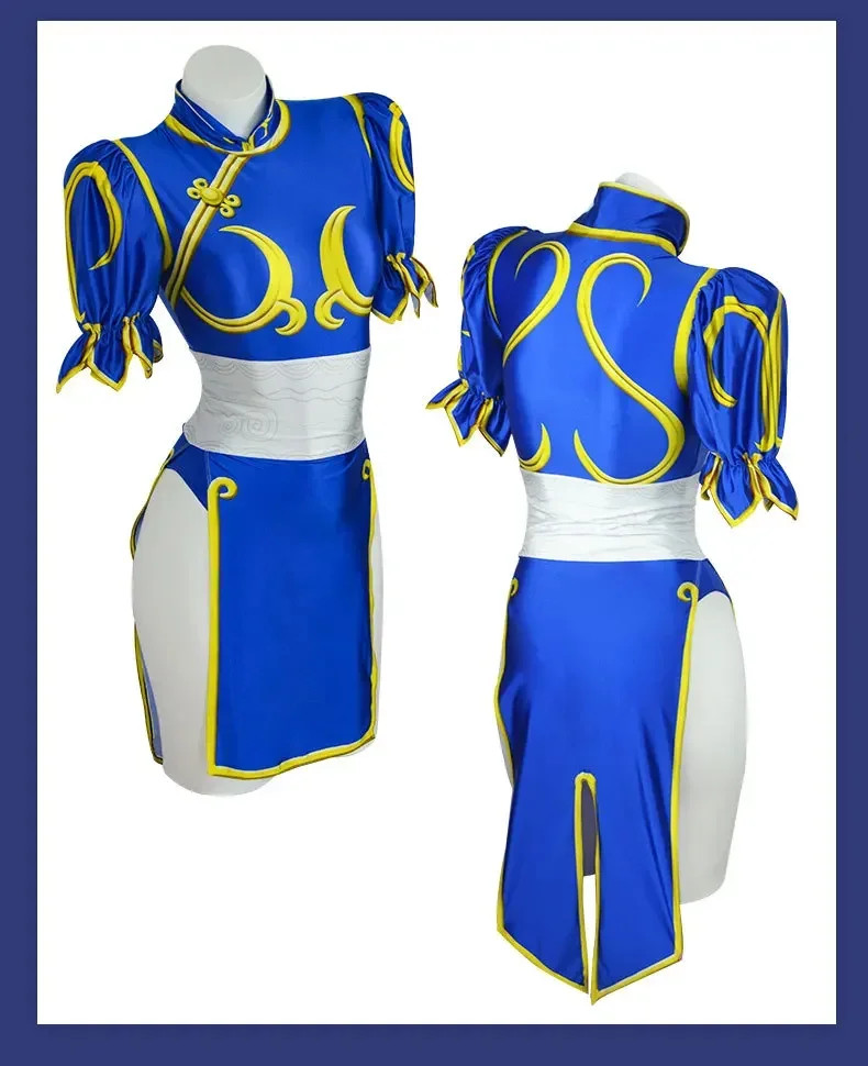 Chun-Li Cosplay Blue Cheongsam Bodysuit Headwear Halloween Costume