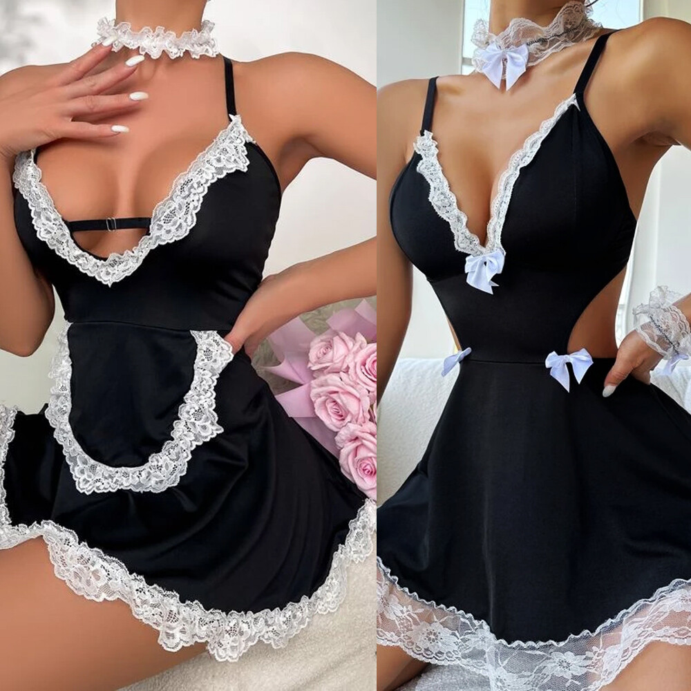 Women Role Play French Maid Outfit Cosplay Dress Naughty Lace Babydolls Lingerie