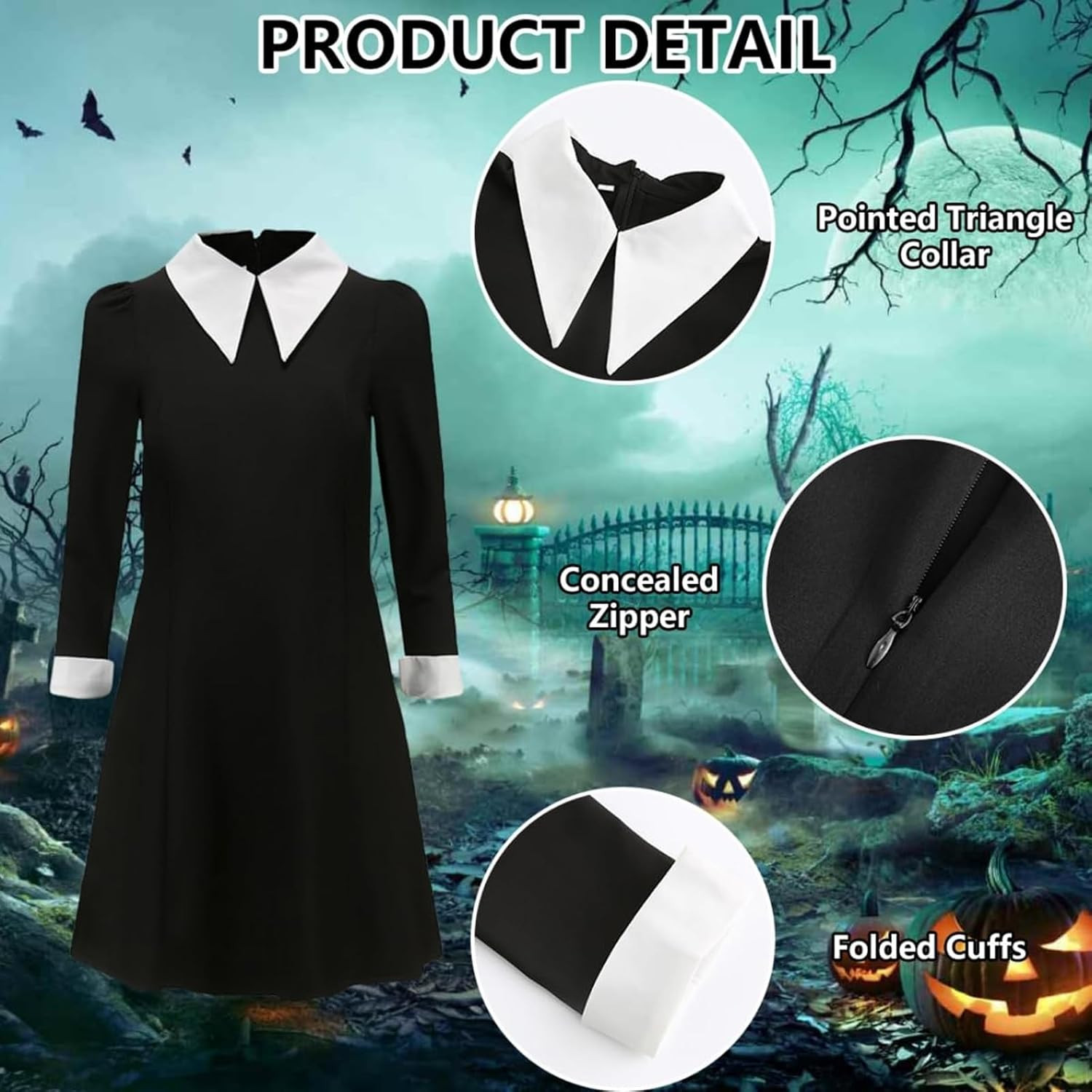 Girls Halloween Costumes Kids Black Dress with Wig Necklace for Family Party Cos