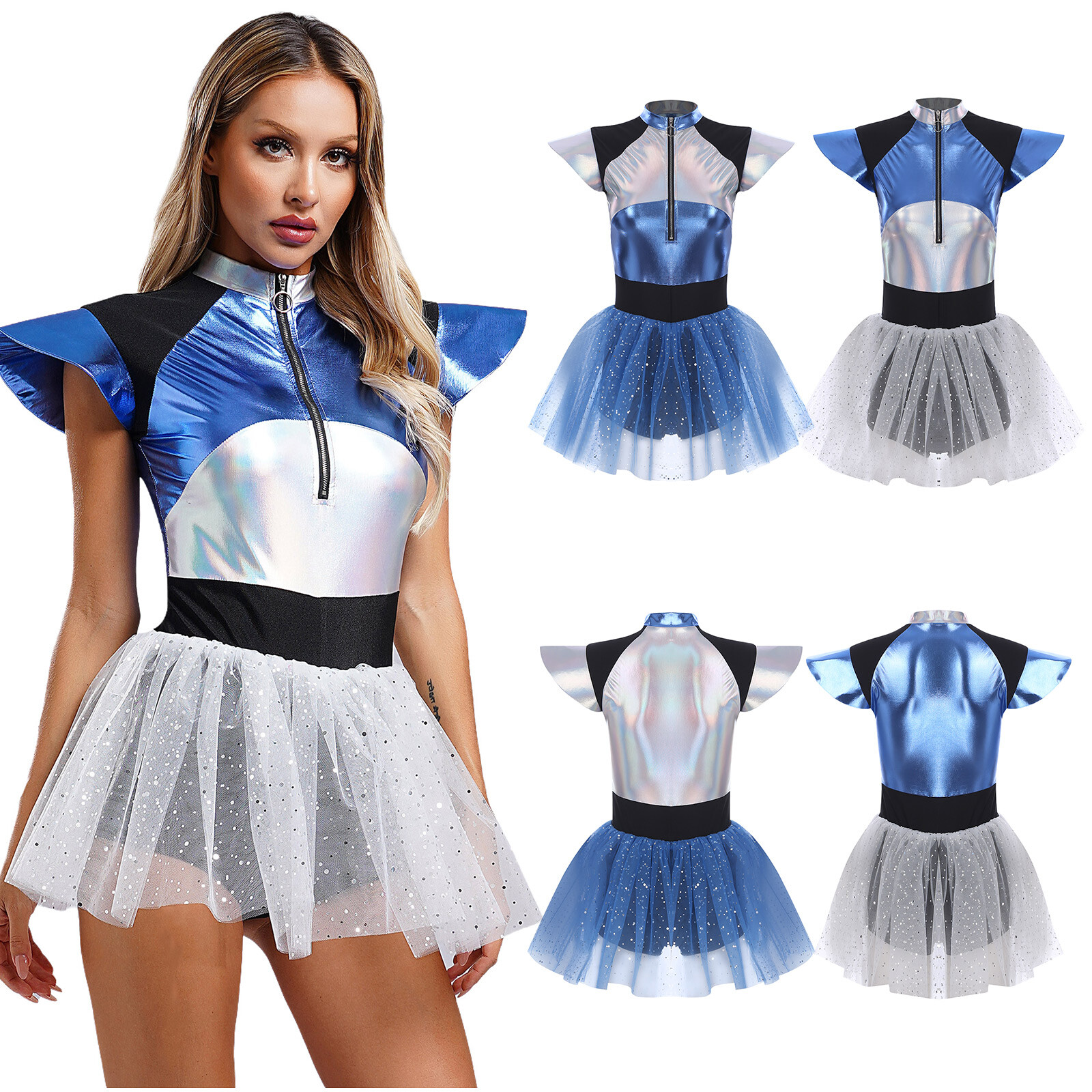 US Womens Space Cadet Rave Costume Sequined Dress Up Spaghetti Cosplay Showman