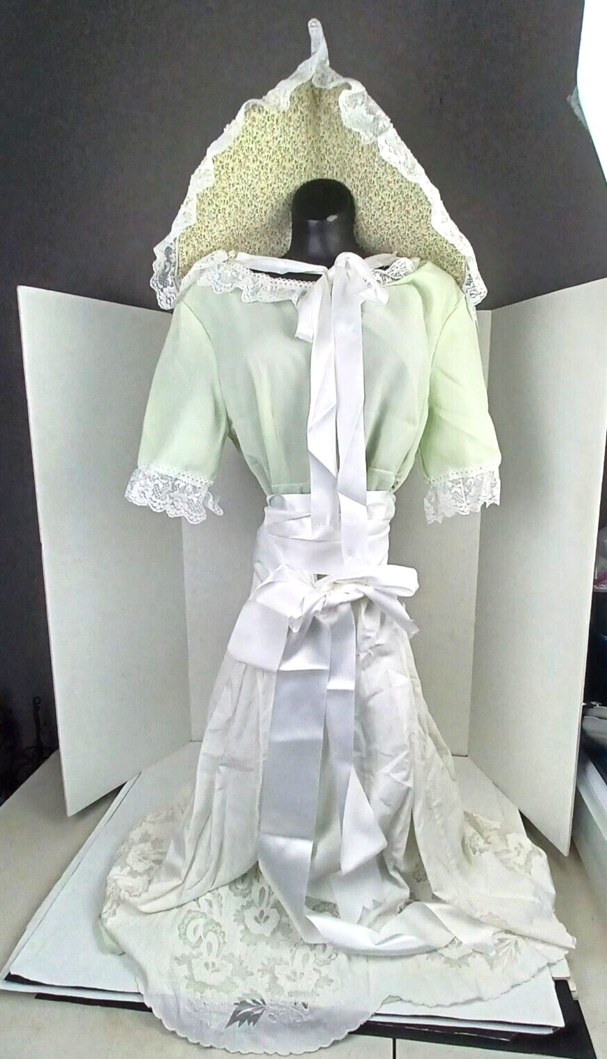 Vintage Bo Peep Mint Green Lace Edged Bow Chiffon Dress Gown Costume 5 Pc Adult