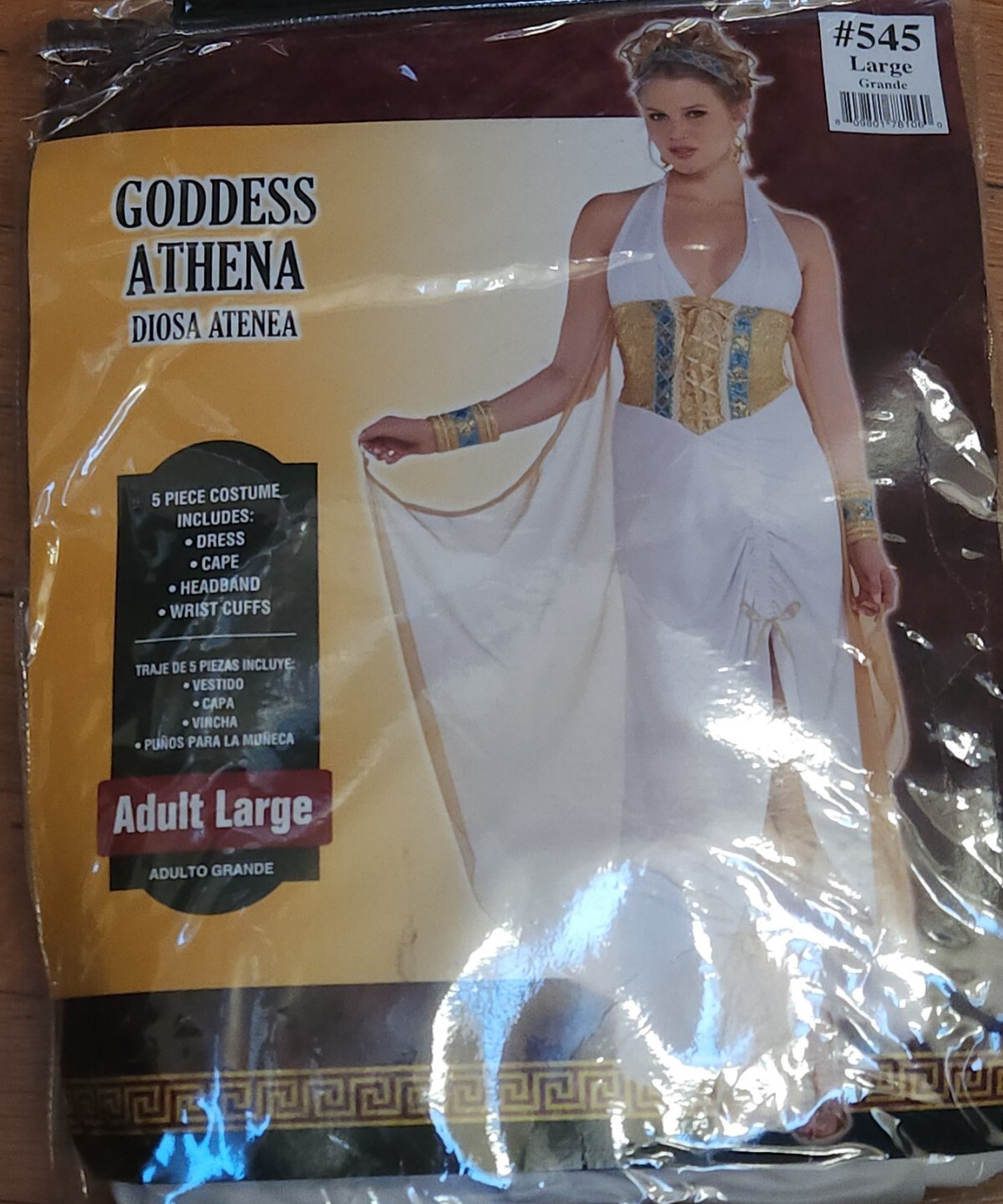 New Goddess Athena 5pc adult Costume White, gold, blue dress cape cuffs headband